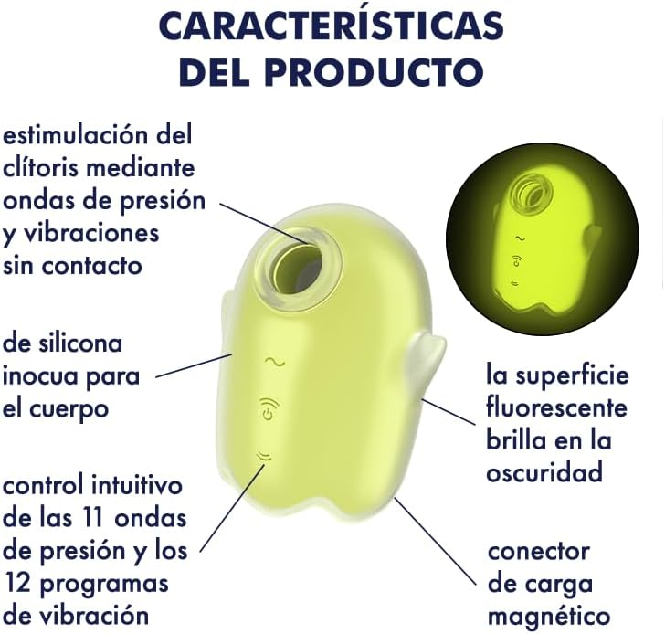 Un juguete sexual amarillo en forma de fantasma con texto en español.