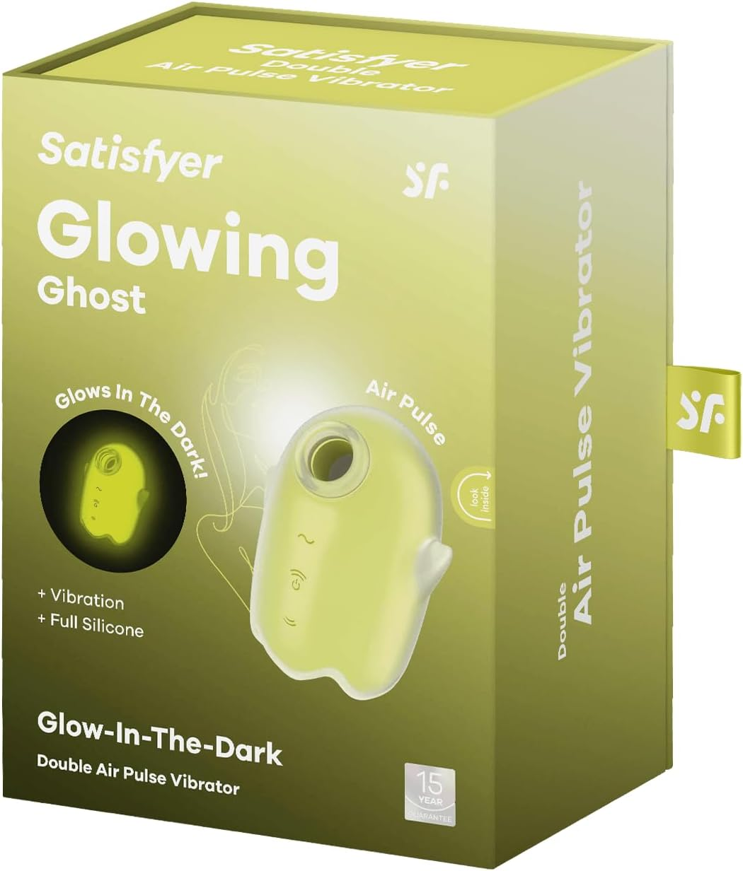 Una caja con el nombre del producto Satisfyer Glowing Ghost, y una imagen del producto.