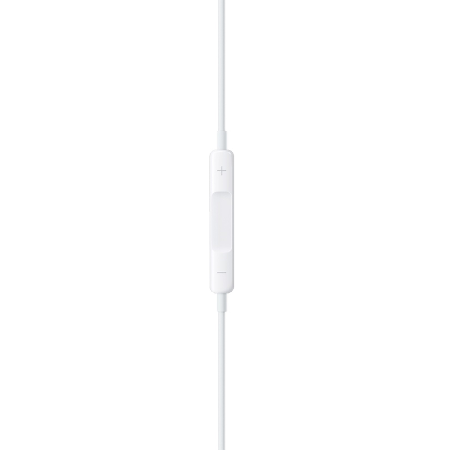 White earphone cable with a white control module and two white earphones.