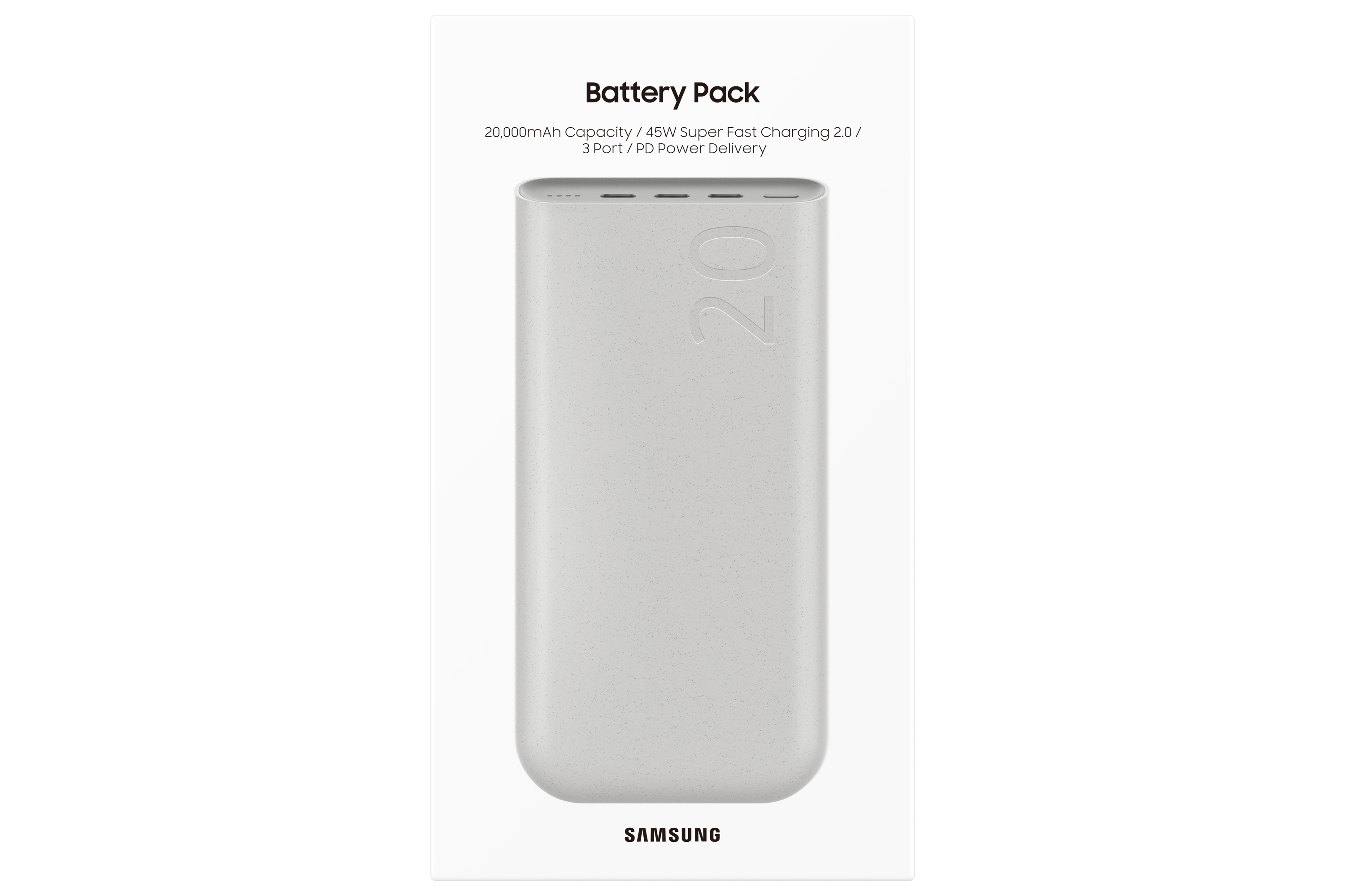 Batería Samsung blanca, 20.000mAh. Texto: Battery Pack, logo Samsung.