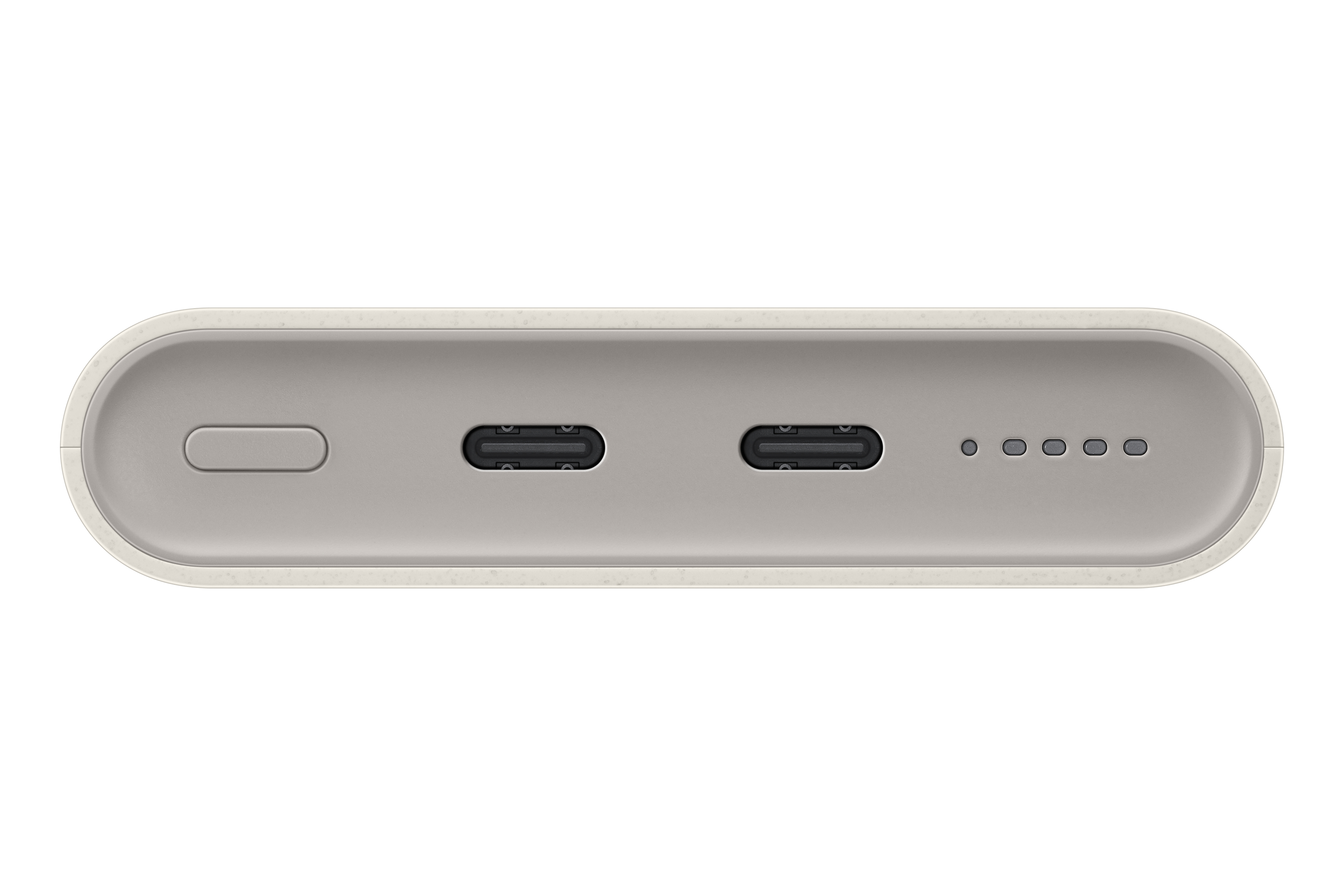 Un cargador portátil de color claro con dos puertos USB-C y un botón de encendido.