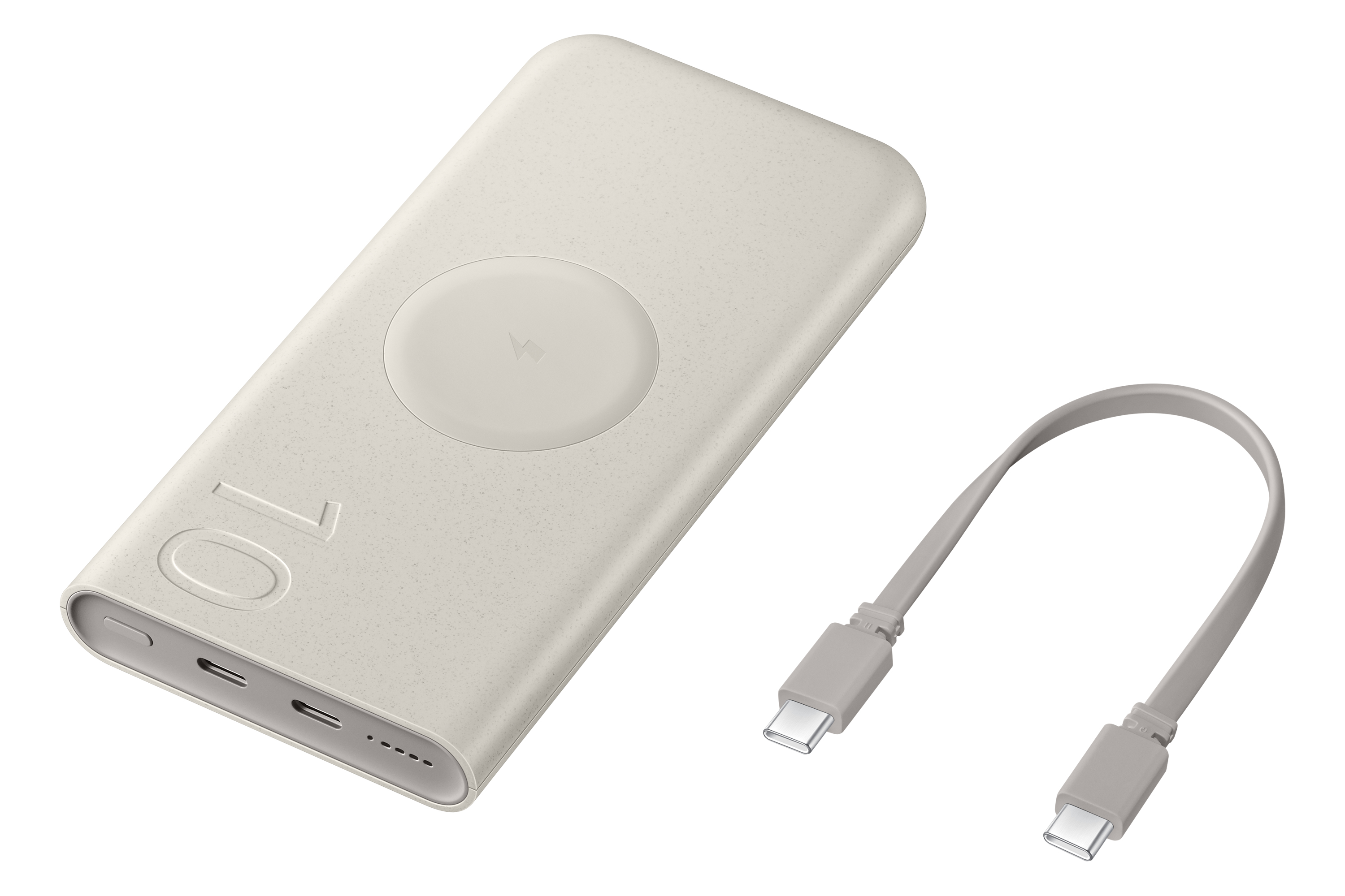 Un banco de energía beige claro con un círculo de carga inalámbrica. Se incluyen puertos USB-C y un cable USB-C.