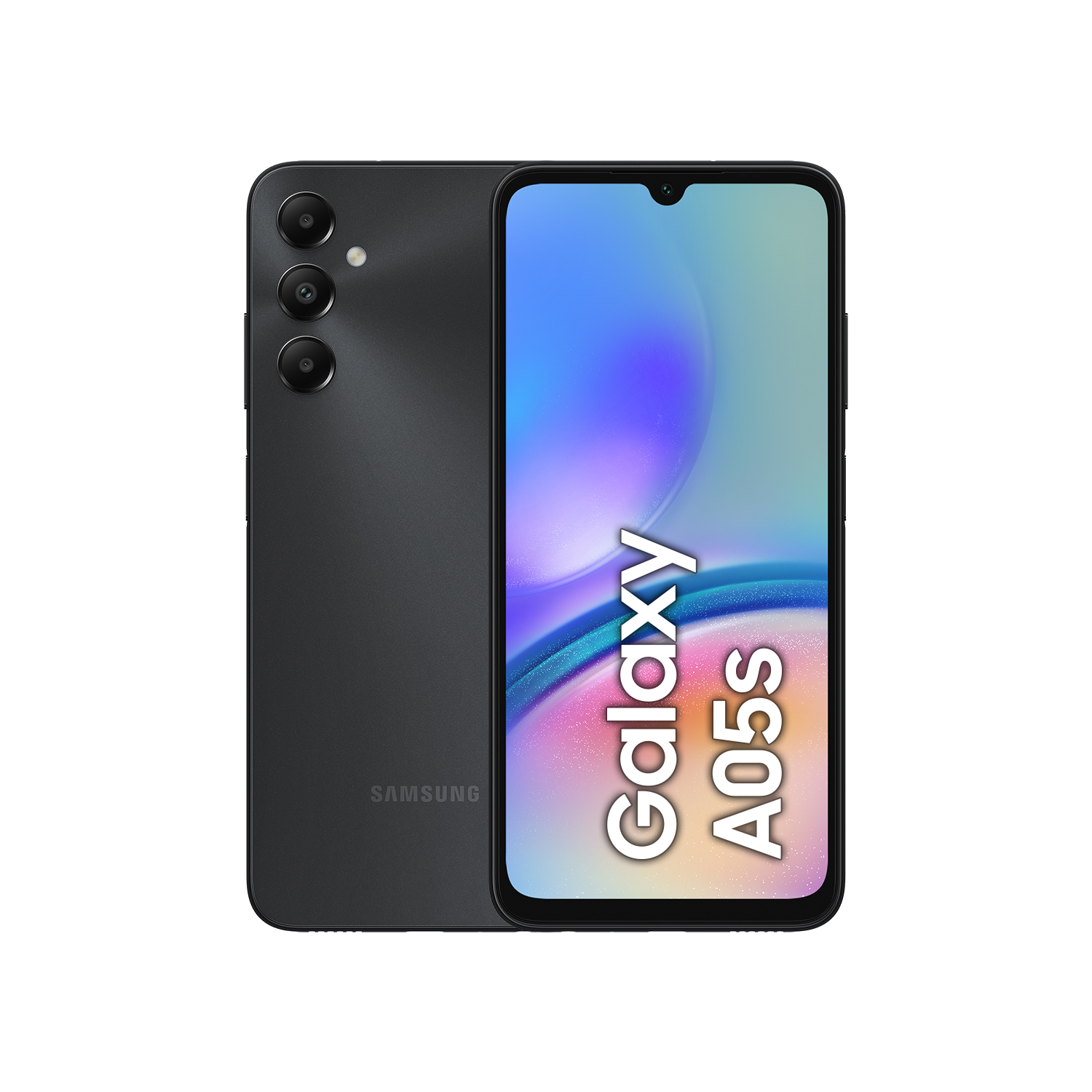 Un teléfono Samsung Galaxy A05s negro, con su parte trasera y delantera mirando al espectador. Fondo blanco.