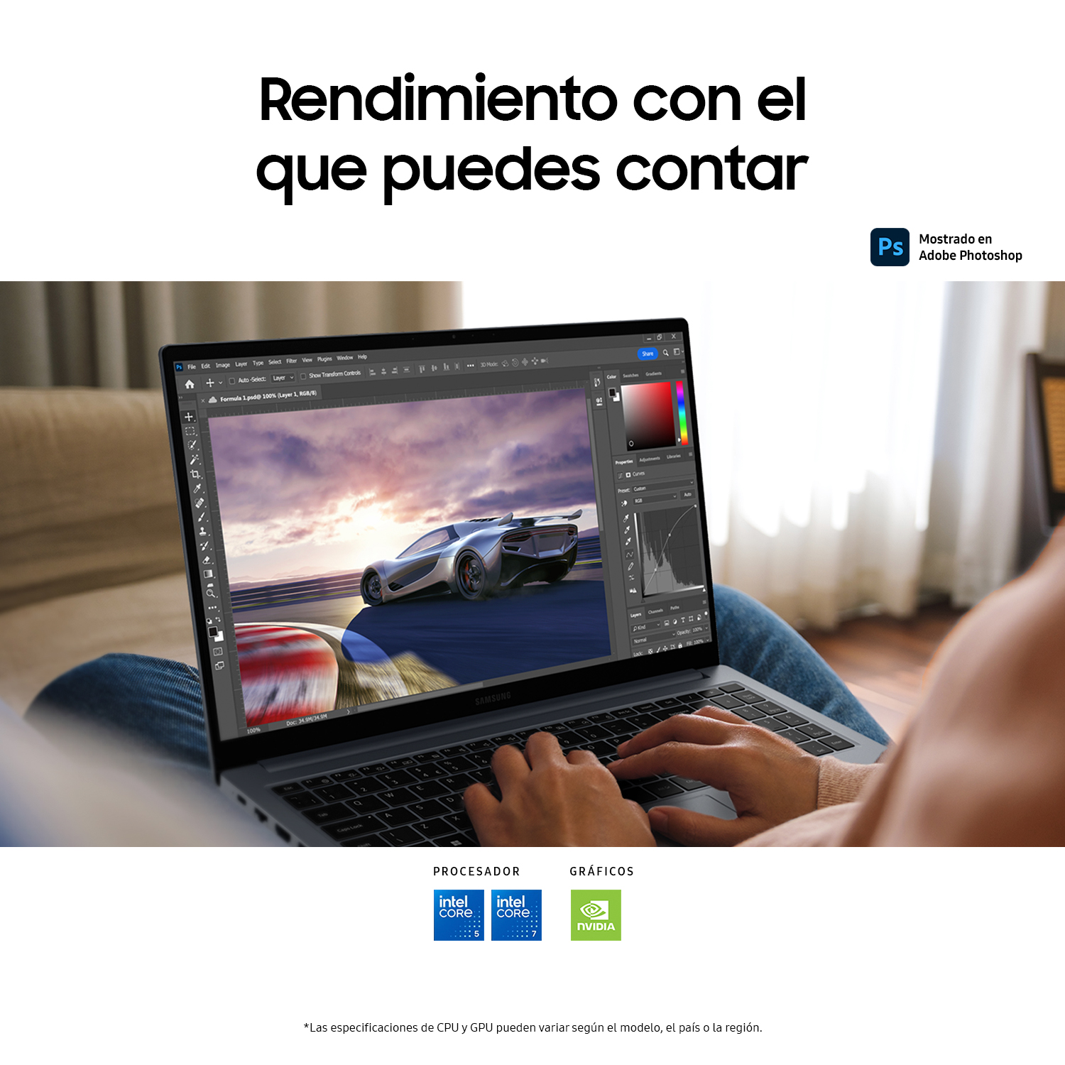 Persona usando laptop, pantalla muestra interfaz Photoshop con diseño de coche.
