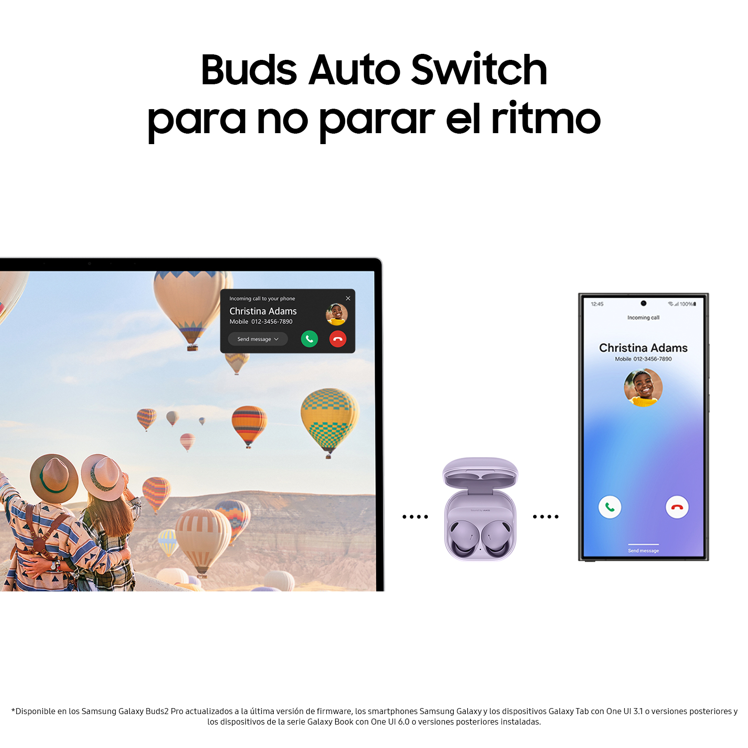 Escena que muestra una tableta y un teléfono. La tableta muestra una videollamada, el teléfono una llamada entrante.