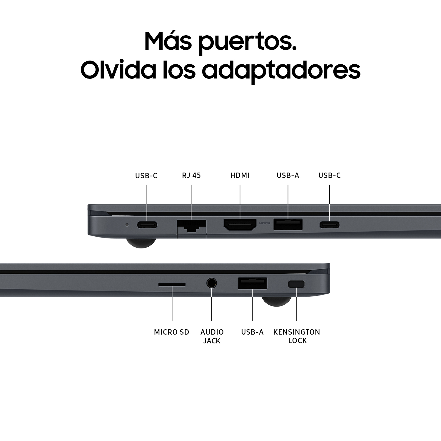 Primer plano de un portátil que muestra los puertos. El texto dice: Más puertos. Olvídate de los adaptadores.