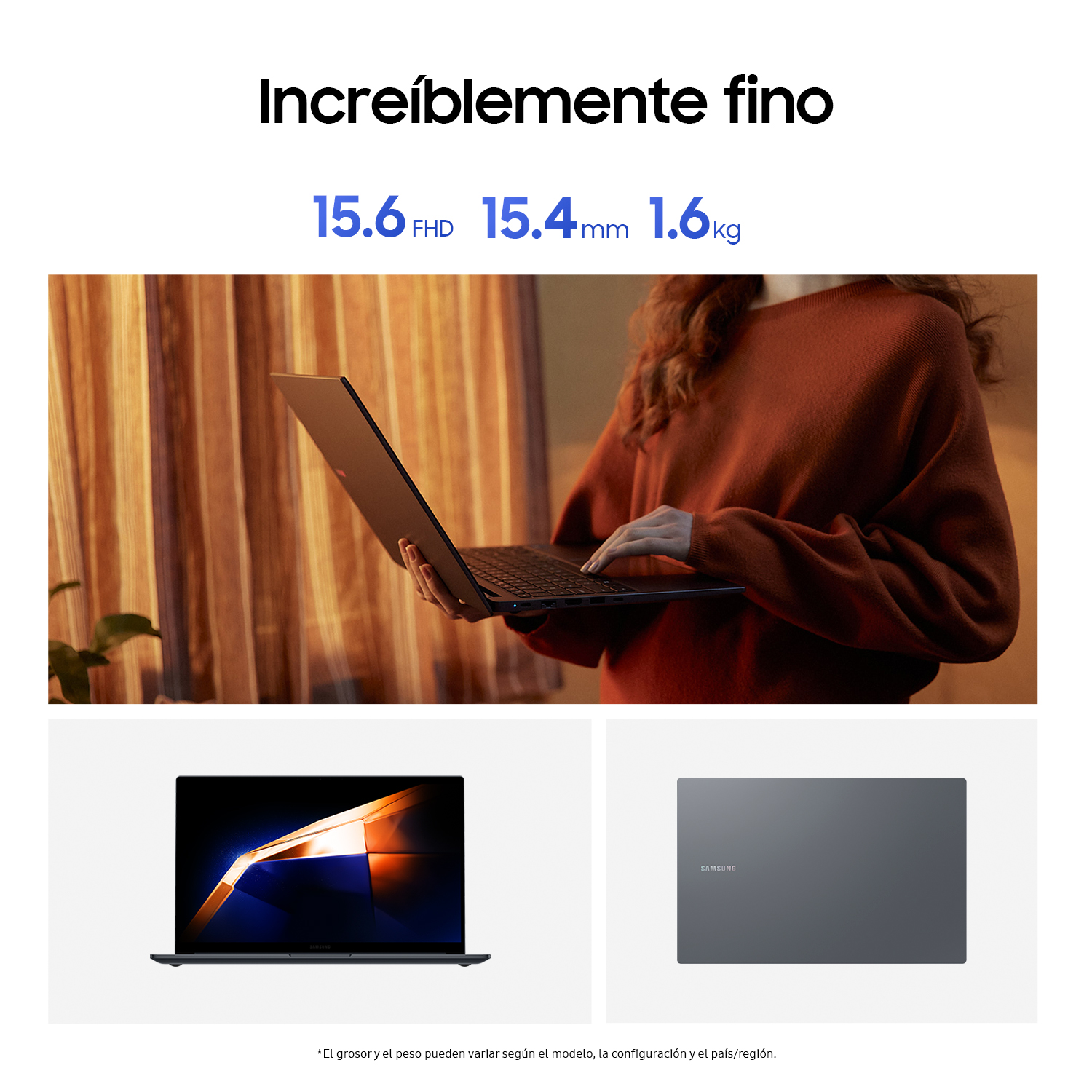 Mujer sosteniendo una laptop y dos imágenes debajo. Texto: Increíblemente delgado. Especificaciones de pantalla.