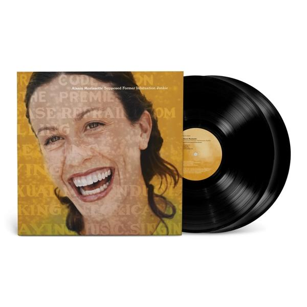 Alanis Morissette album borítója. Két fekete bakelit lemez jobbra.