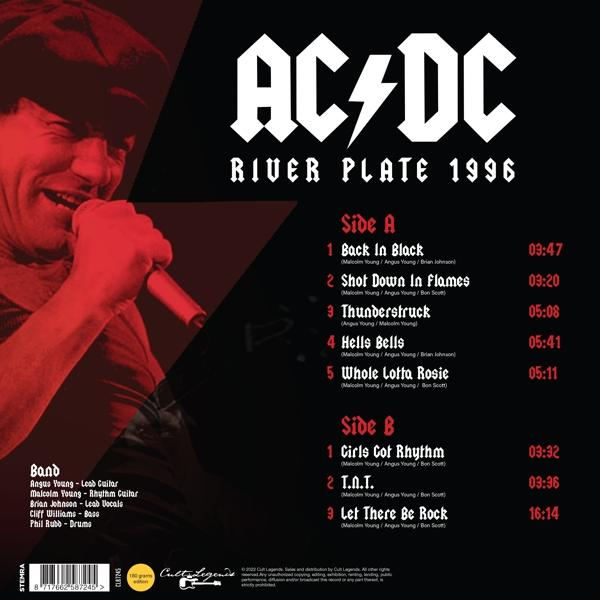 Az AC/DC River Plate 1996 album borítójának hátulja, a számlistával és a zenekar részleteivel.