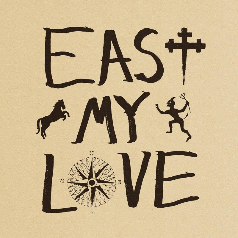 Schwarze Tinte Zeichnung mit den Worten East My Love, einem Kompass, einem Pferd und einem Teufel.