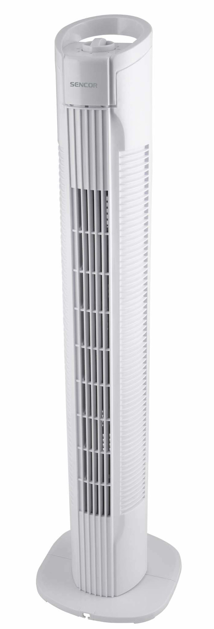 Biały wentylator wieżowy, marki SENCOR, z uchwytem u góry, na białym tle.
