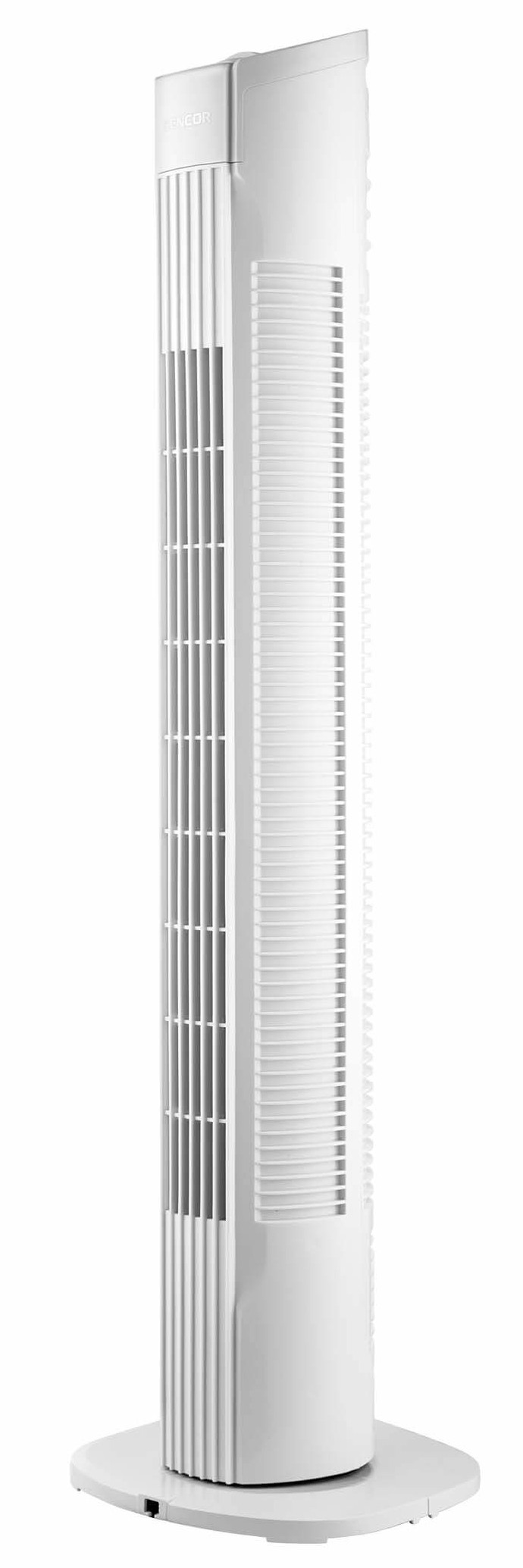 Biały wentylator wieżowy z okrągłą podstawą.