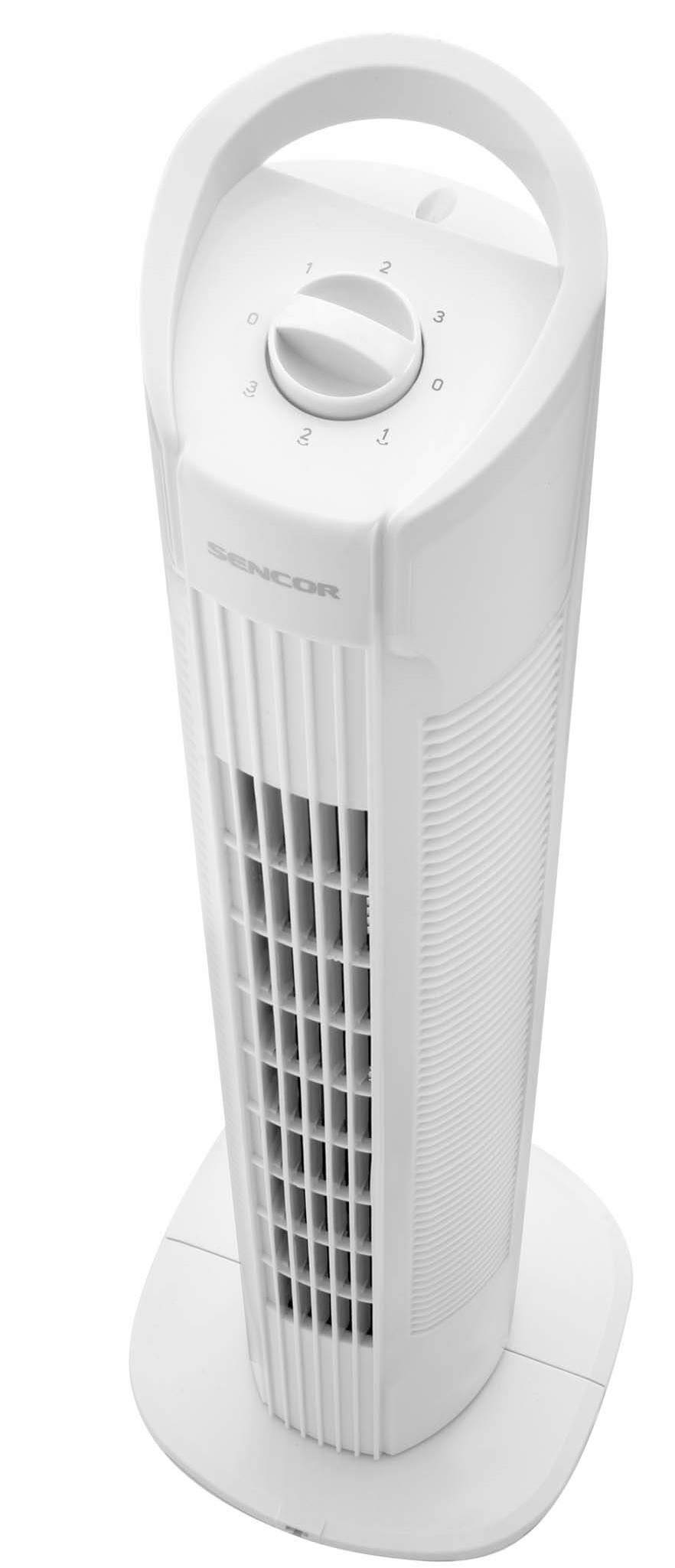 Biały wentylator wieżowy z panelem kontrolnym u góry i białą podstawą, na białym tle.