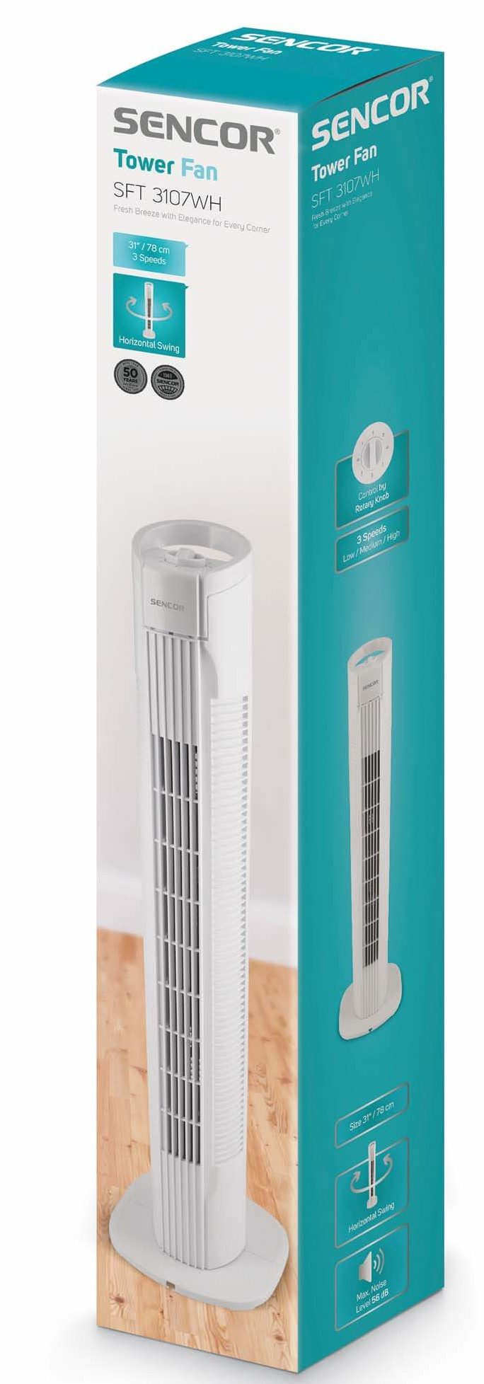 Pudełko wentylatora wieżowego z białym wentylatorem, pudełko pokazuje biały wentylator.