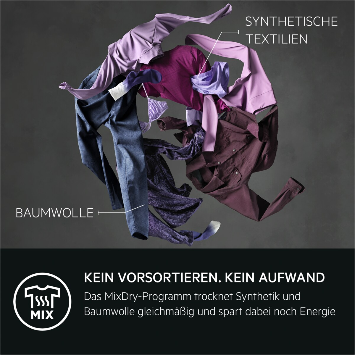 Kleidung auf dunklem Hintergrund. Es gibt Hosen, Hemden usw. Textbezeichnungen: Baumwolle und synthetische Textilien.