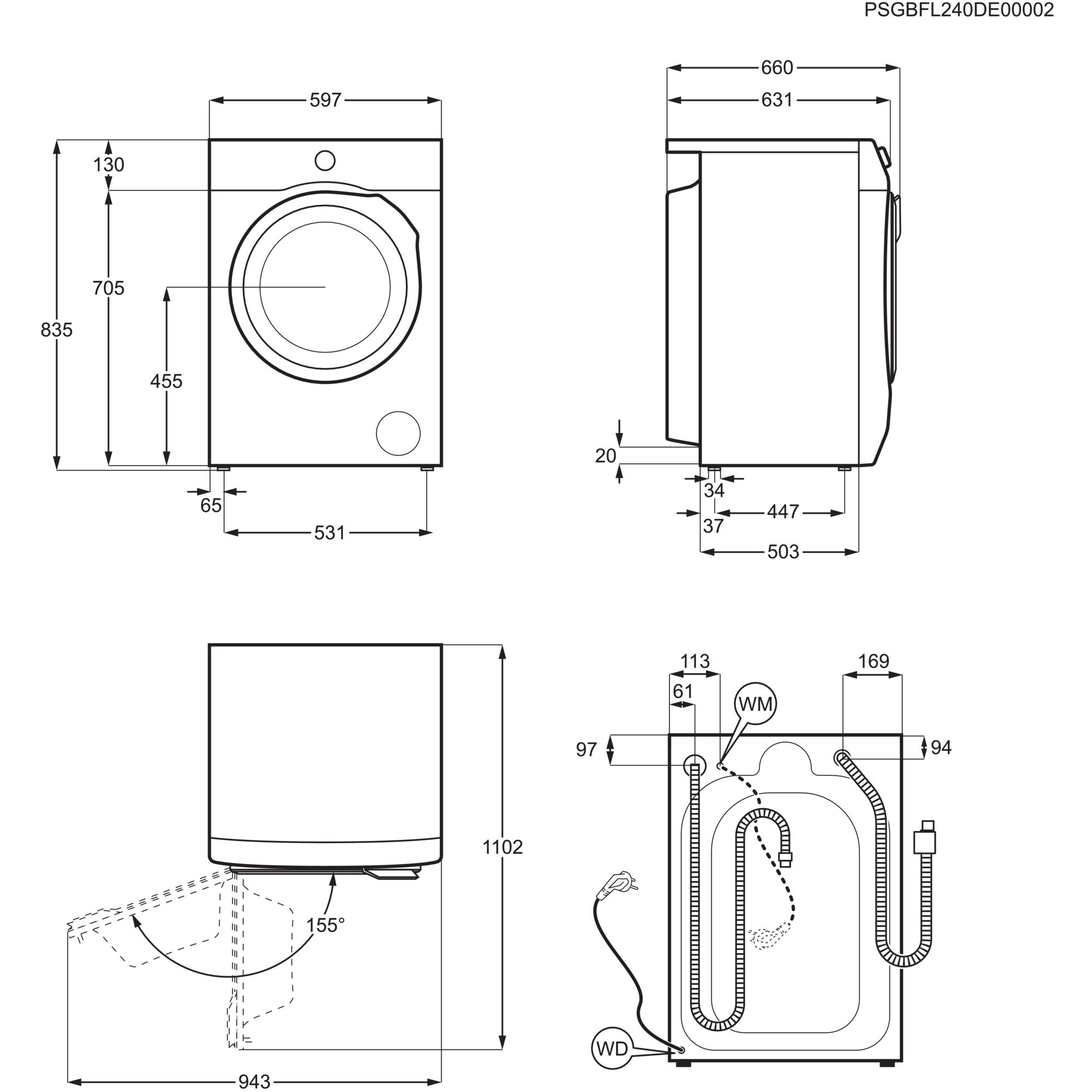 Technische Zeichnung einer Waschmaschine mit Maßen.