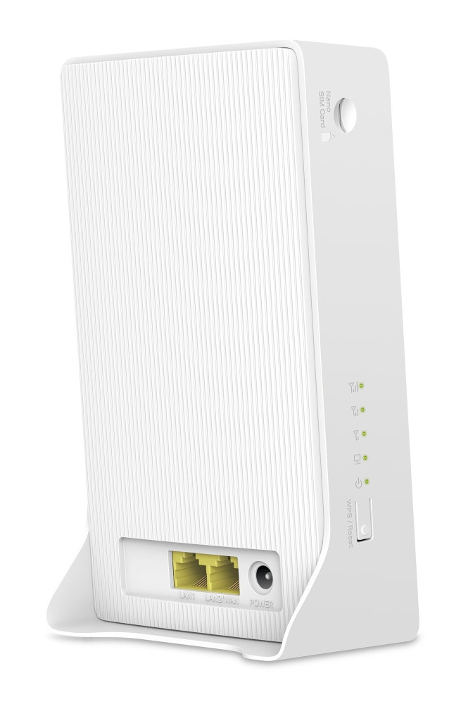 Biały router stoi w pozycji pionowej. Posiada porty i kontrolki. Z tyłu znajdują się porty LAN.