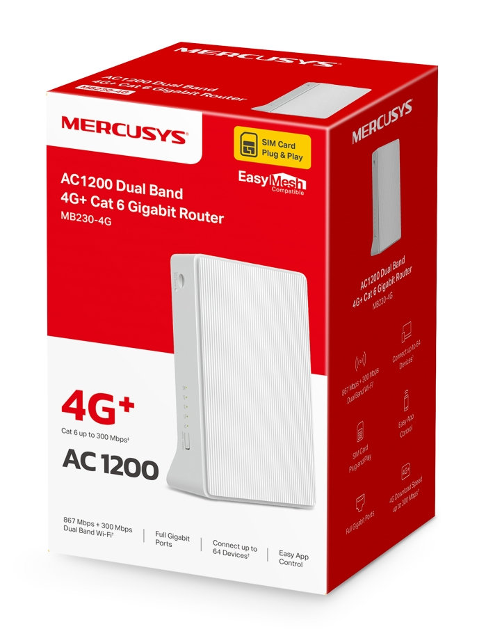 Pudełko routera: zdjęcie białego routera. Tekst: AC1200 Dual Band 4G+ Cat 6 Gigabit. Czerwone i białe pudełko.