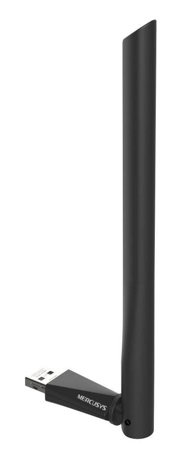 Czarny adapter WiFi USB z anteną. Antena jest długa i skierowana w górę.