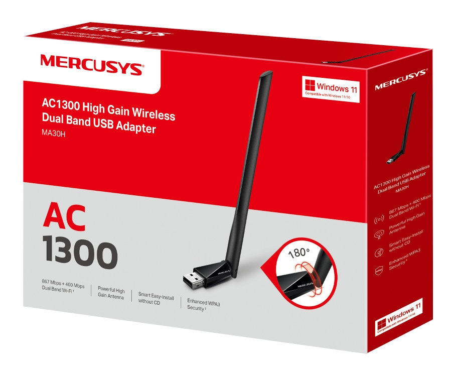 Pudełko adaptera USB Mercusys AC1300. Pokazuje adapter i jego funkcje.