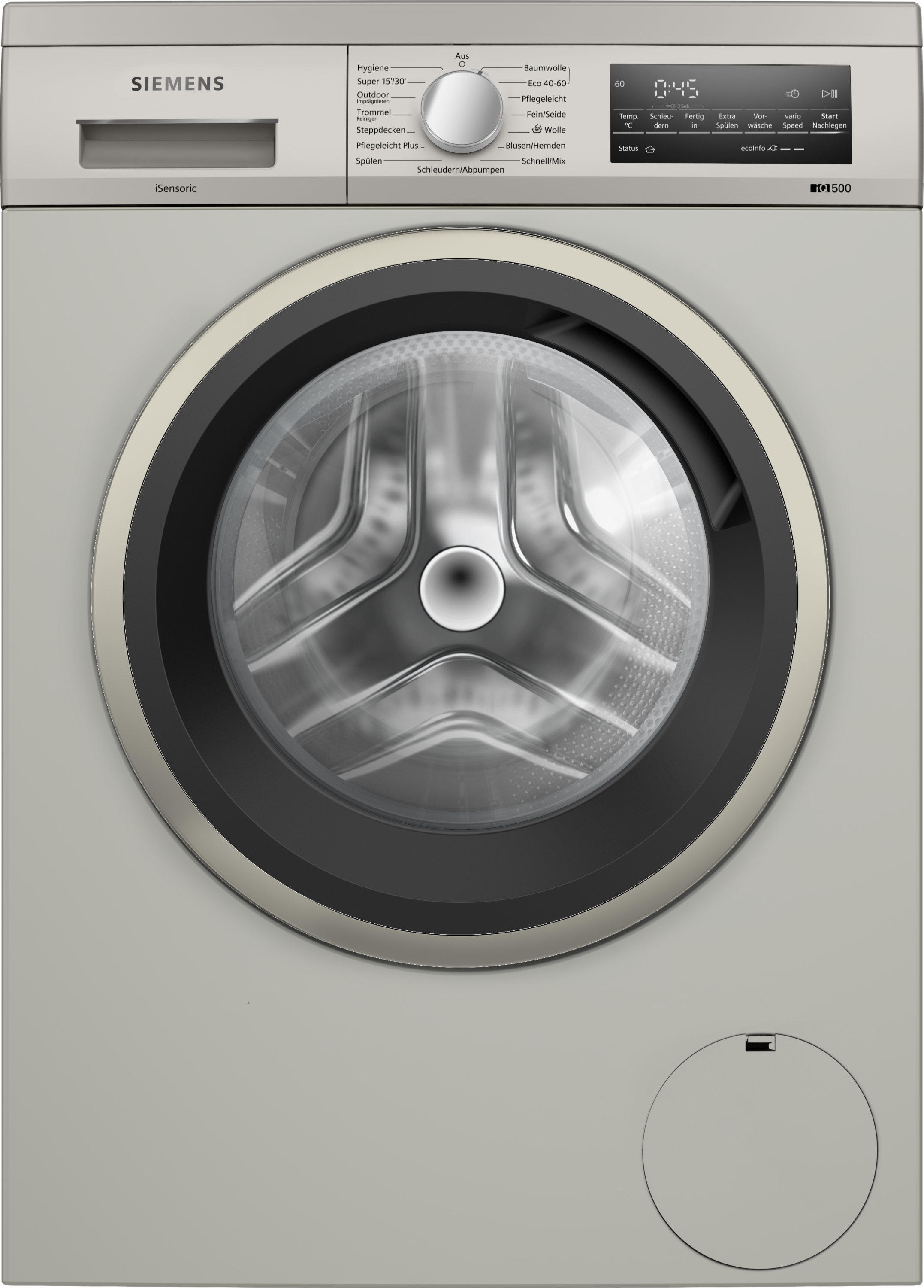 Silberne Siemens Waschmaschine, Tür geschlossen, Bedienfeld sichtbar.