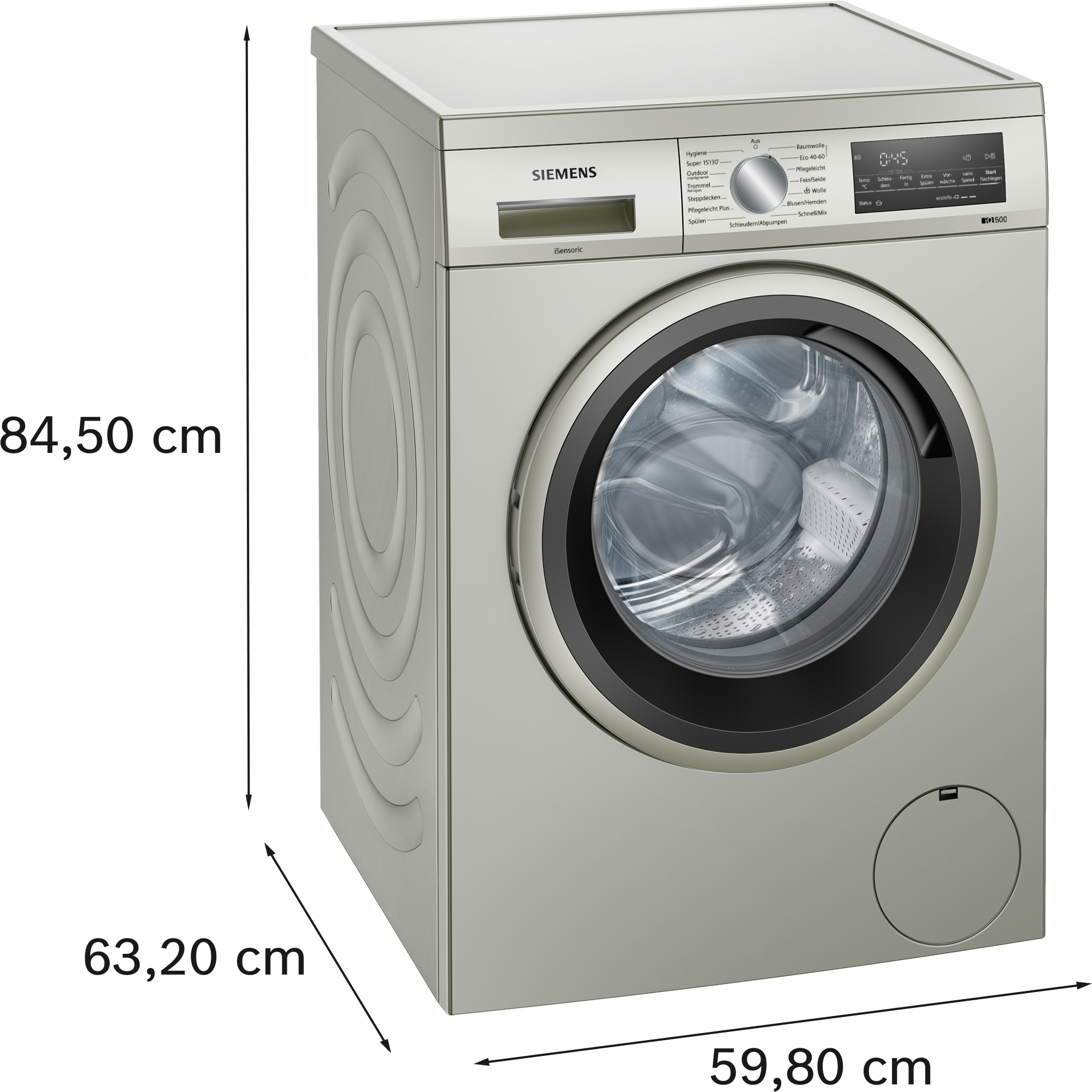 Silberne Waschmaschine mit beschrifteten Abmessungen, Vorderansicht.