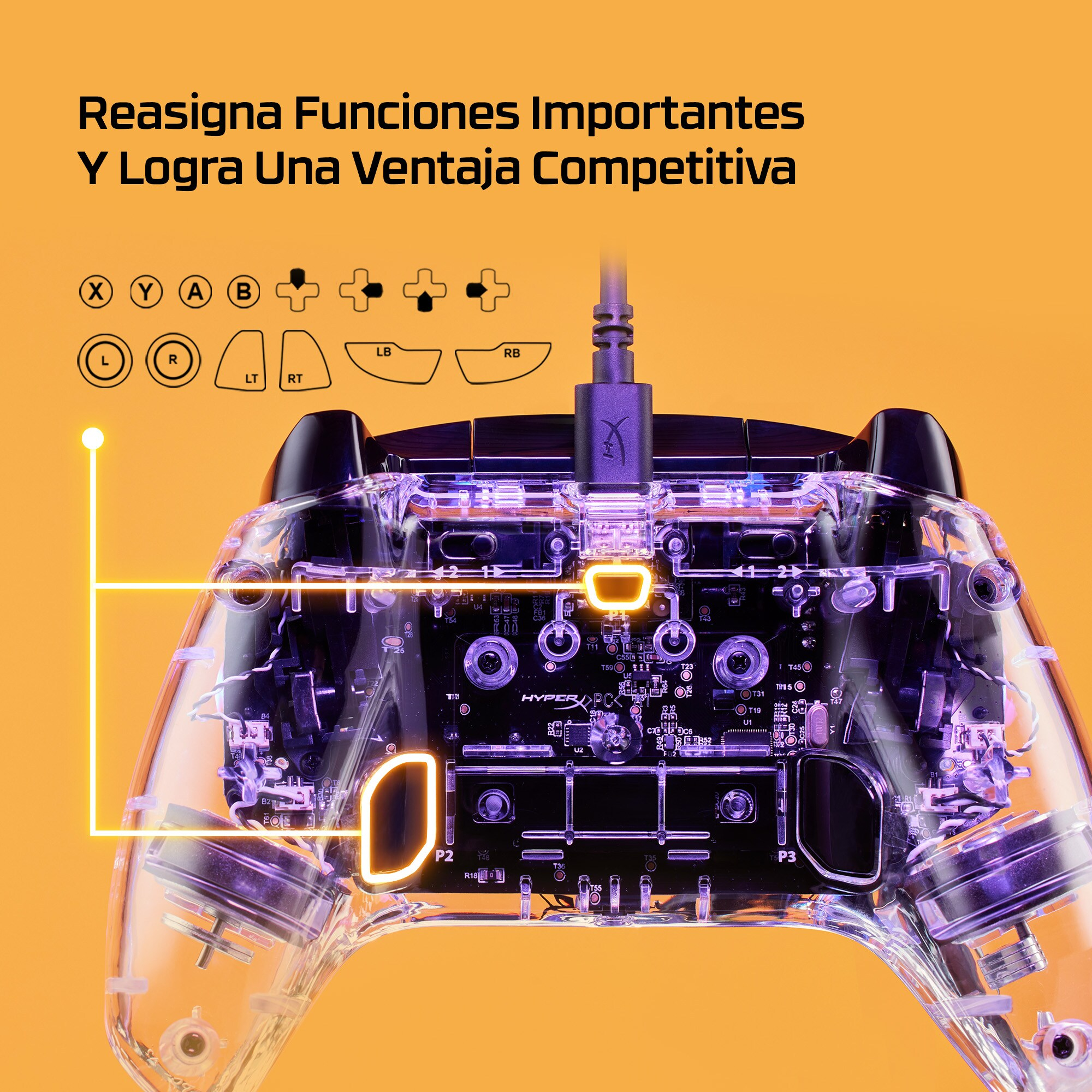 Transparenter Gamecontroller mit Knöpfen und Ladekabel.
