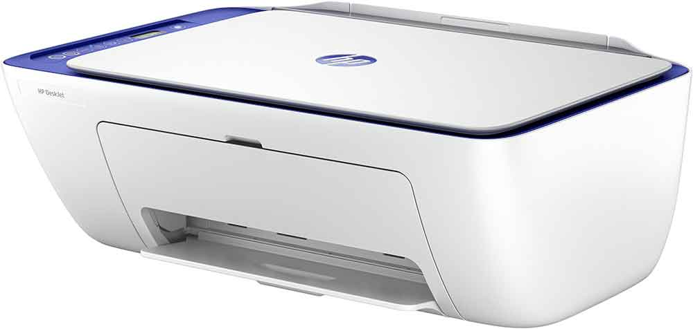 White and blue HP DeskJet printer with its paper tray open, isolated on white.