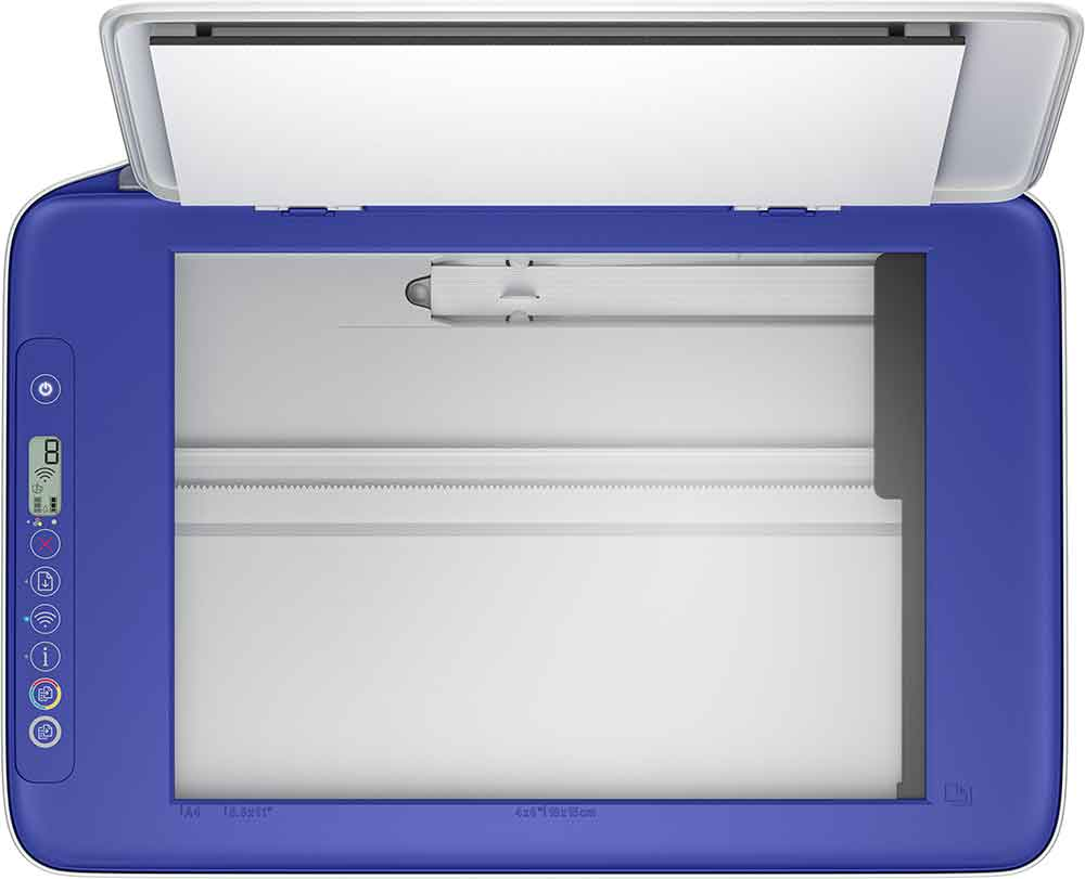 An overhead view of a blue and white flatbed scanner with the lid open.
