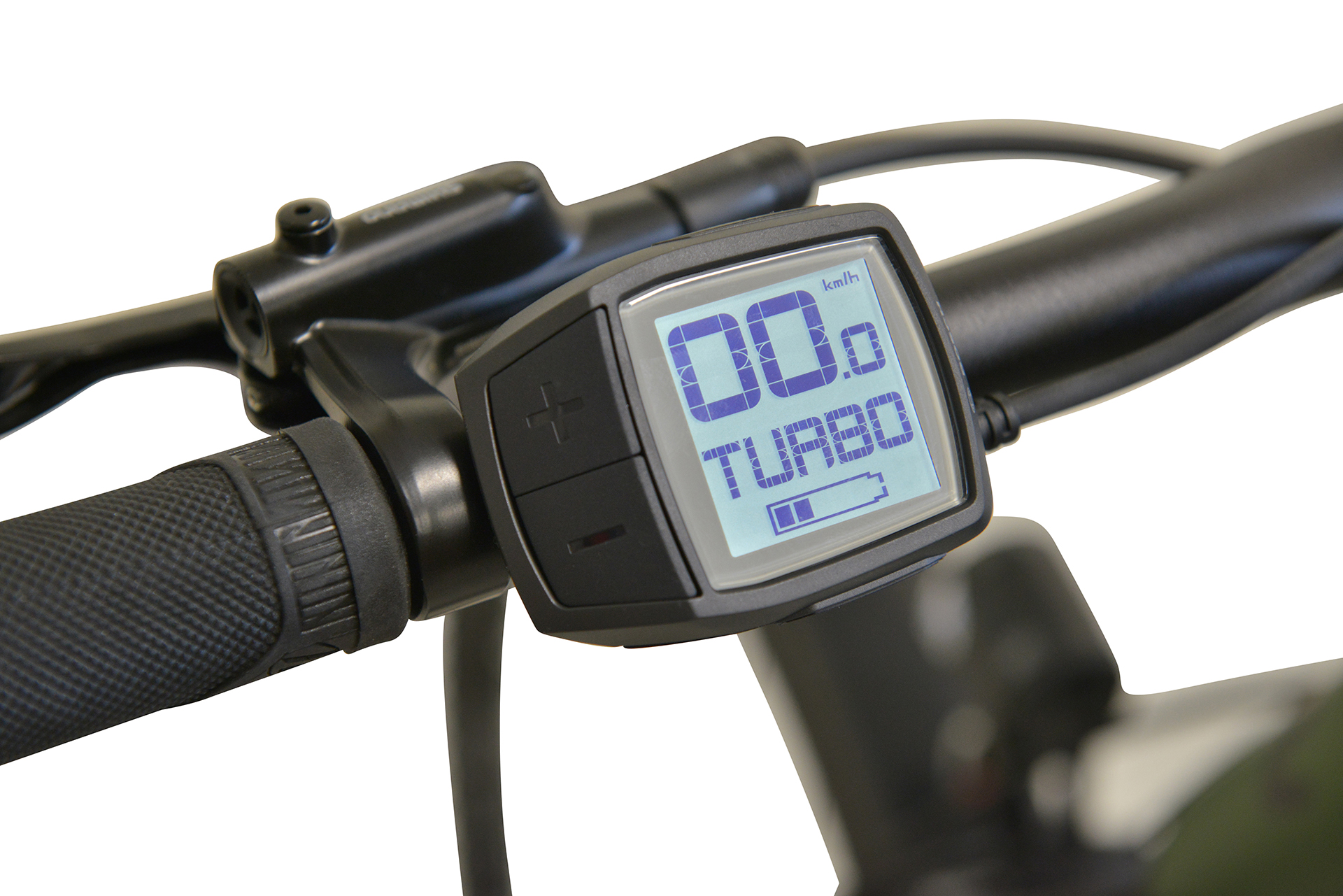 Zbliżenie wyświetlacza roweru pokazującego prędkość, tryb turbo i poziom baterii.