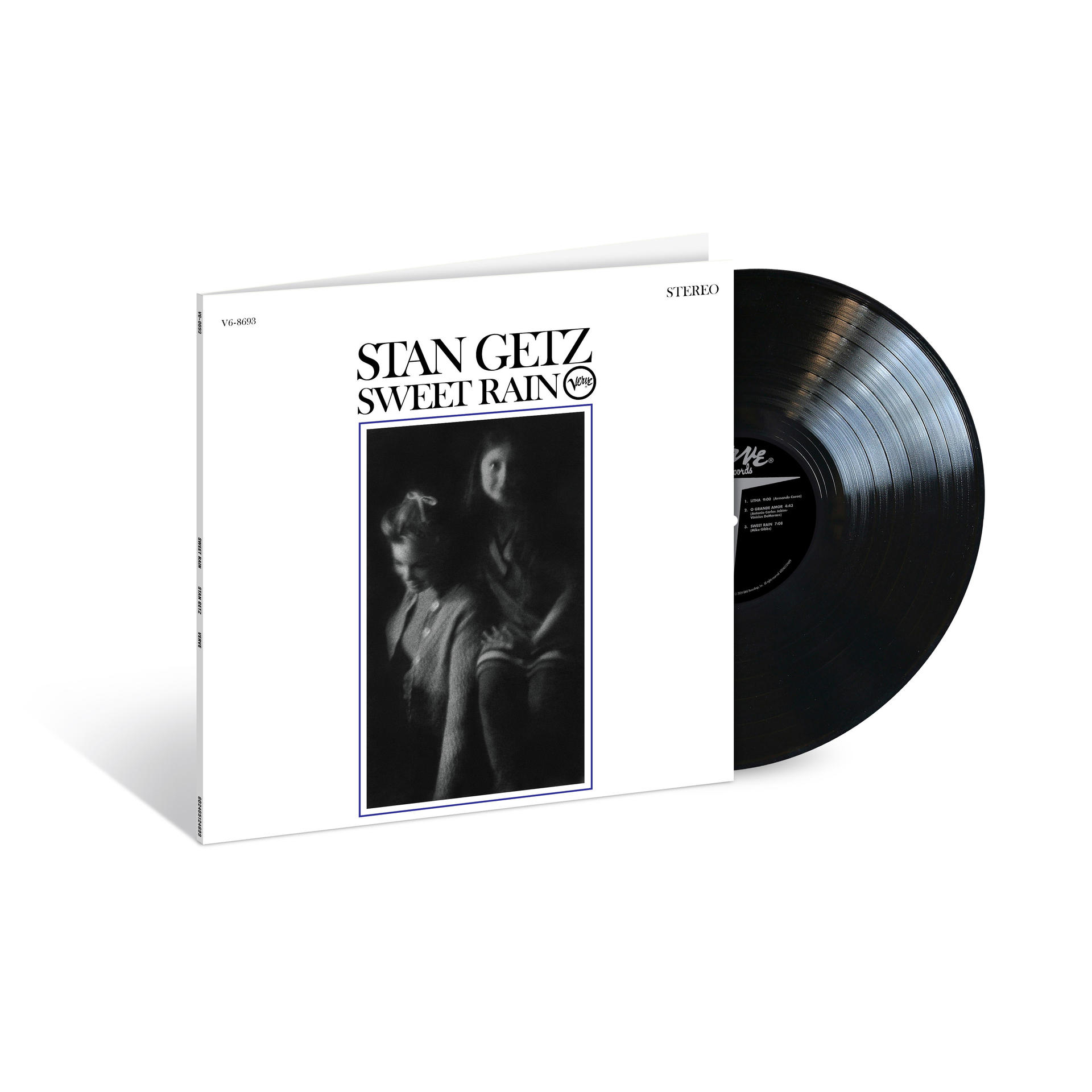 Stan Getz's Sweet Rain Albumcover, mit teilweise sichtbarer Schallplatte, auf weißem Hintergrund.