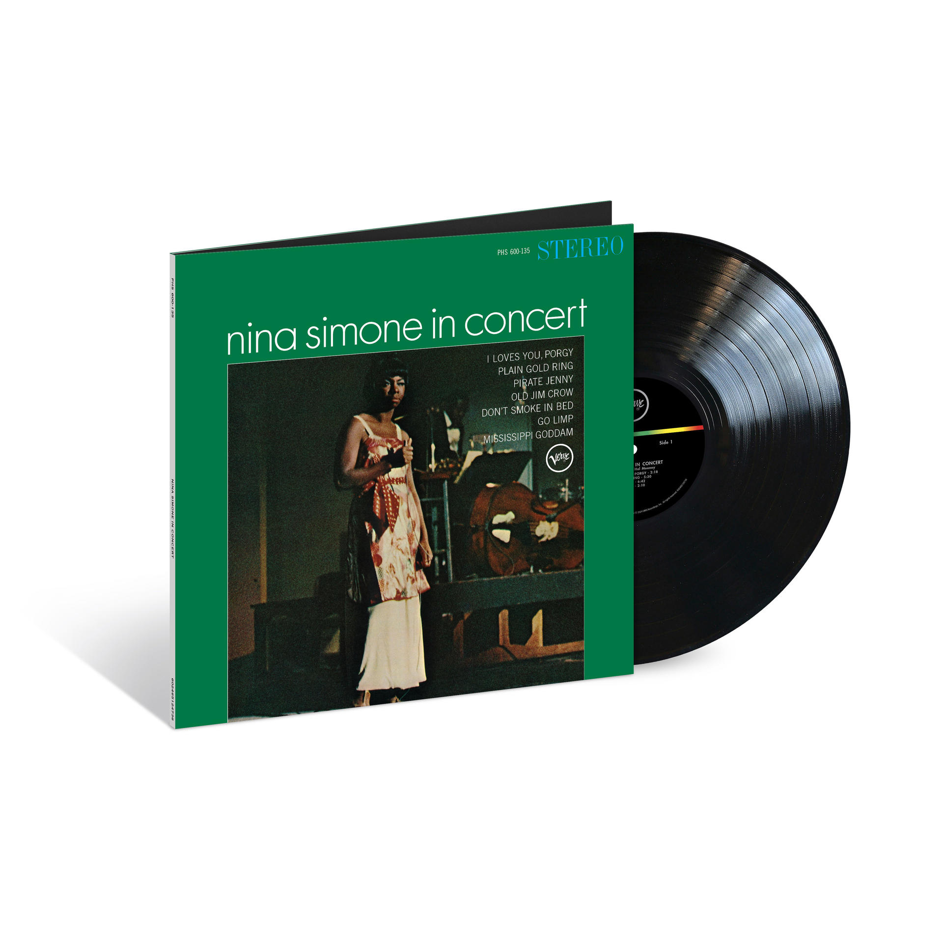 Ein Albumcover von Nina Simones 'In Concert'. Es hat einen grünen Rand, und eine Schallplatte liegt daneben.