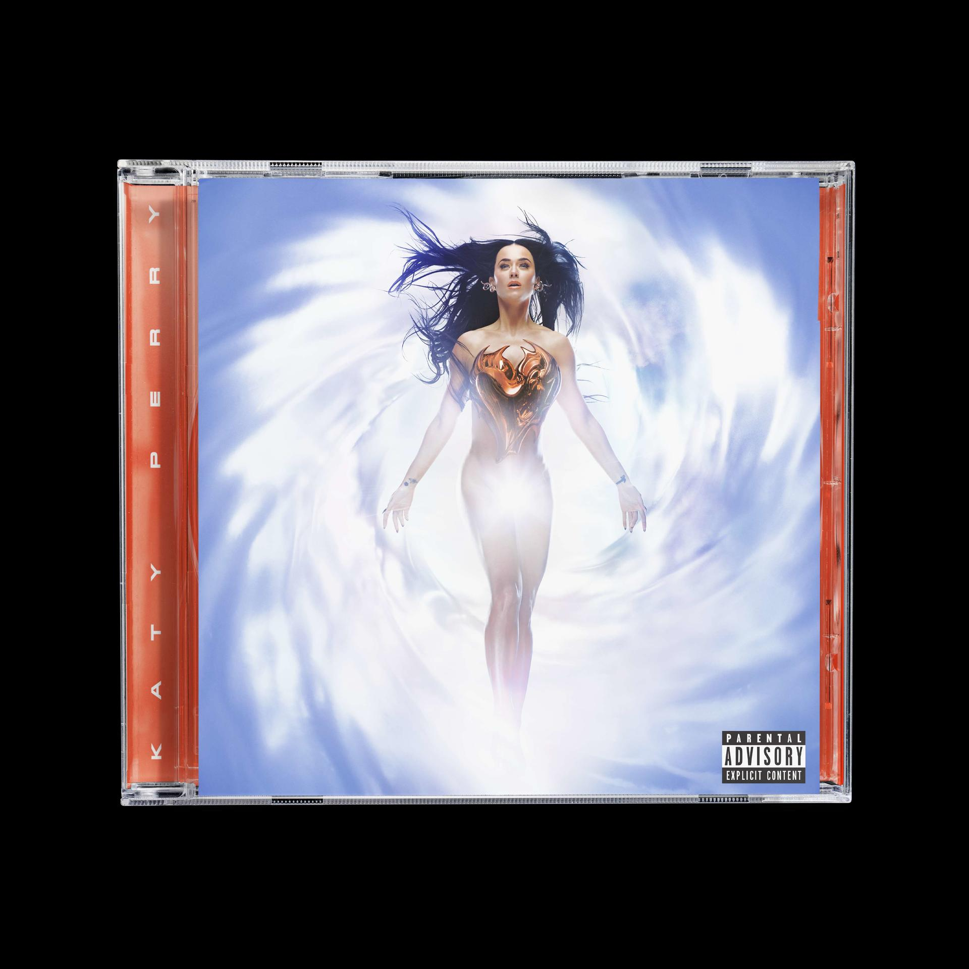 CD-Hülle mit Katy Perry auf dem Cover, mit hellem blau-weißem Design.