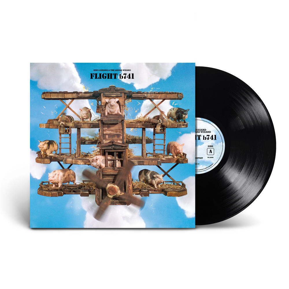 King Gizzard & The Lizard Wizard Albumcover, Schweine auf Flugzeug, schwarze Schallplatte.