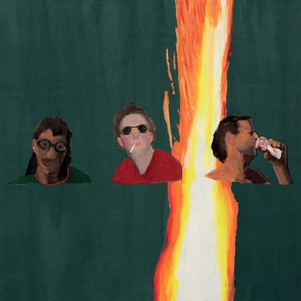 Gemälde mit drei Männern, einem Feuer und einem grünen Hintergrund.