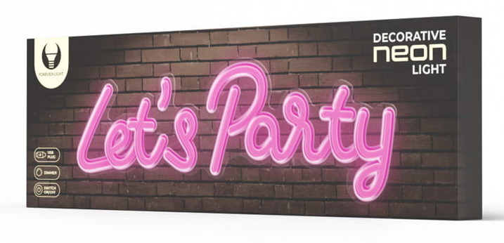 Pudełko z różowym neonem „Let's Party” na grafice z ceglaną ścianą. Czarne tło.