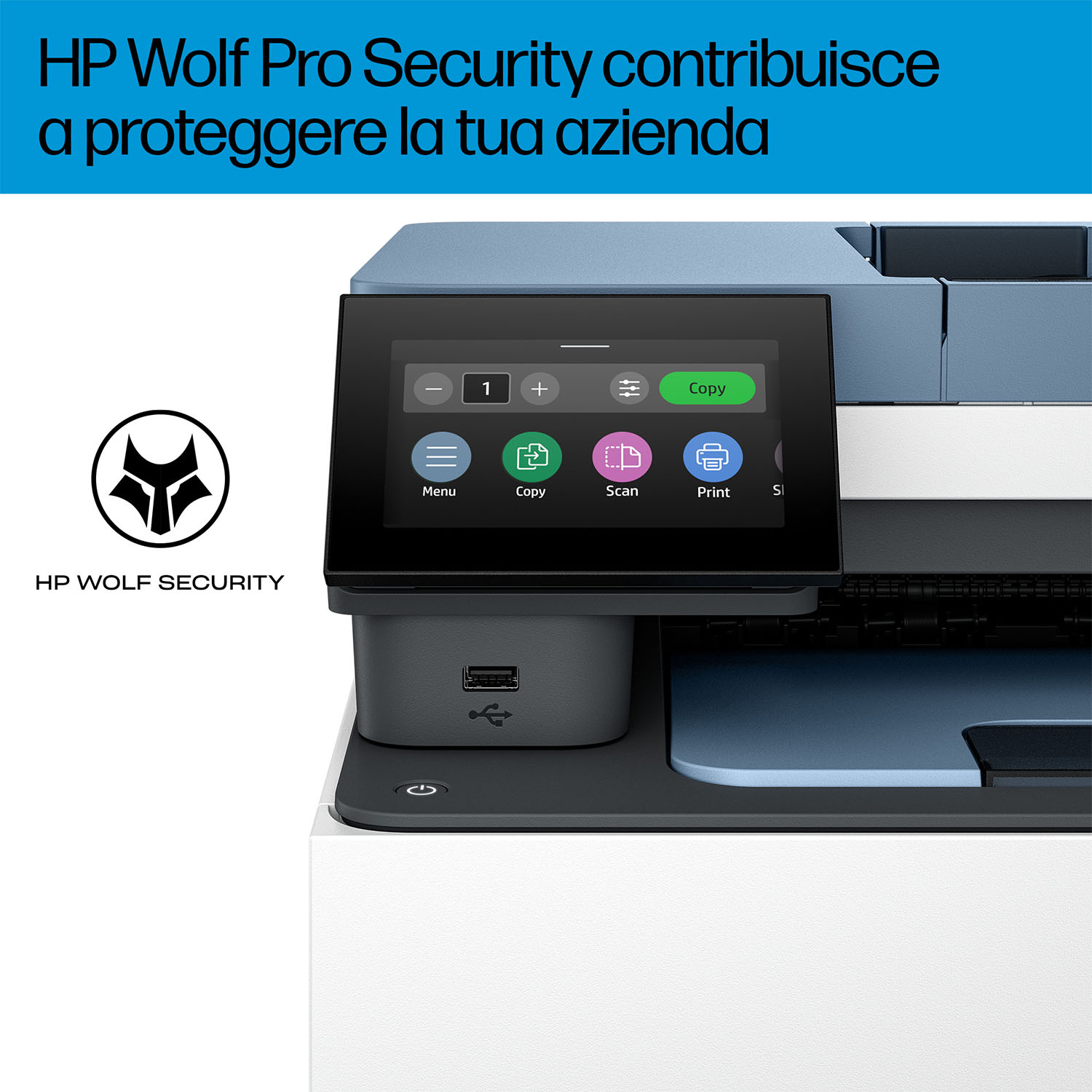 Stampante HP con schermo che mostra le opzioni.