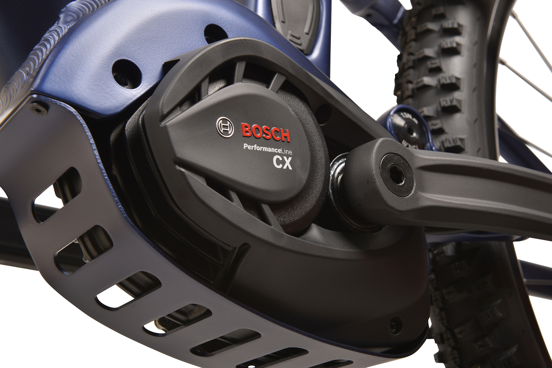 Zbliżenie silnika roweru, pokazujące logo Bosch Performance Line CX.
