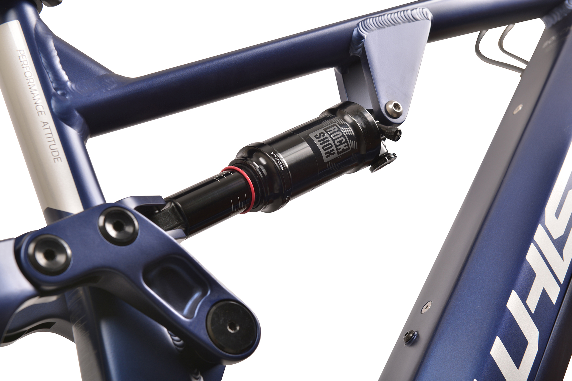 Niebieska rama roweru z amortyzatorem RockShox.