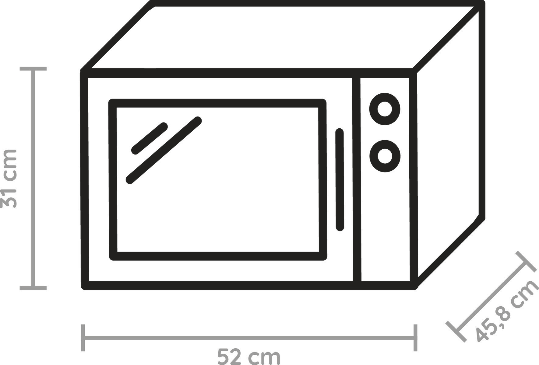 Eine Umrisszeichnung einer Mikrowelle mit den Maßen: 31 cm hoch, 52 cm lang und 45,8 cm breit.