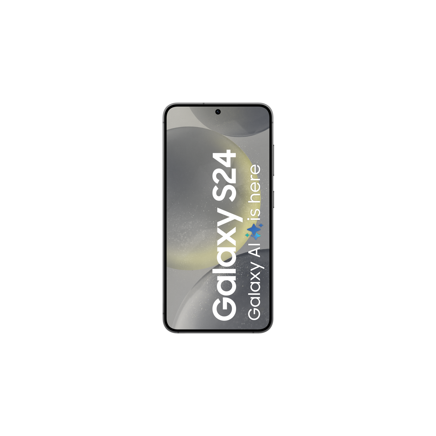 Black phone with silver frame, displaying Galaxy S24 text.