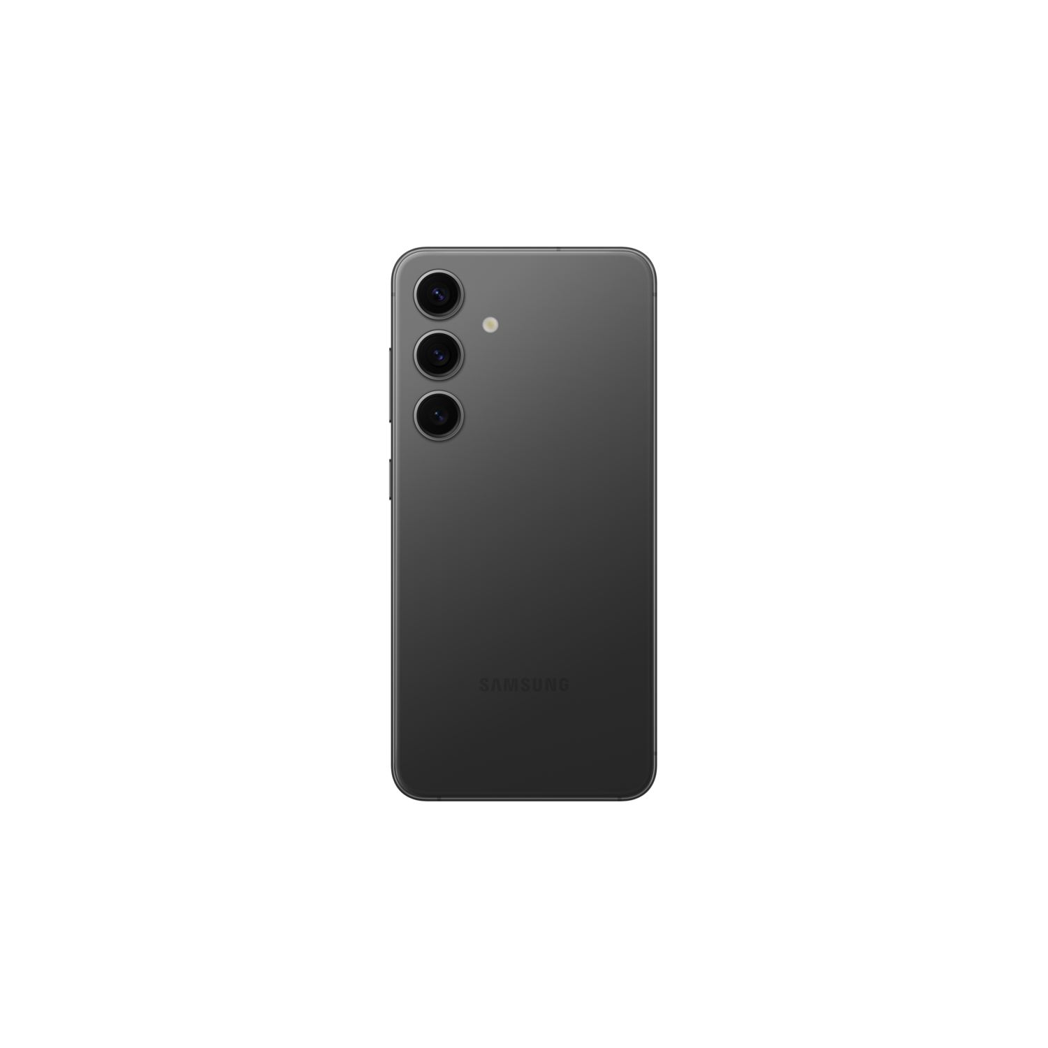 A dark gray smartphone with three rear cameras is isolated on a black background.
