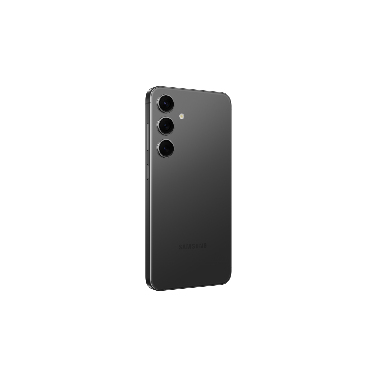 A gray smartphone's back, showcasing its cameras and design on a black background.