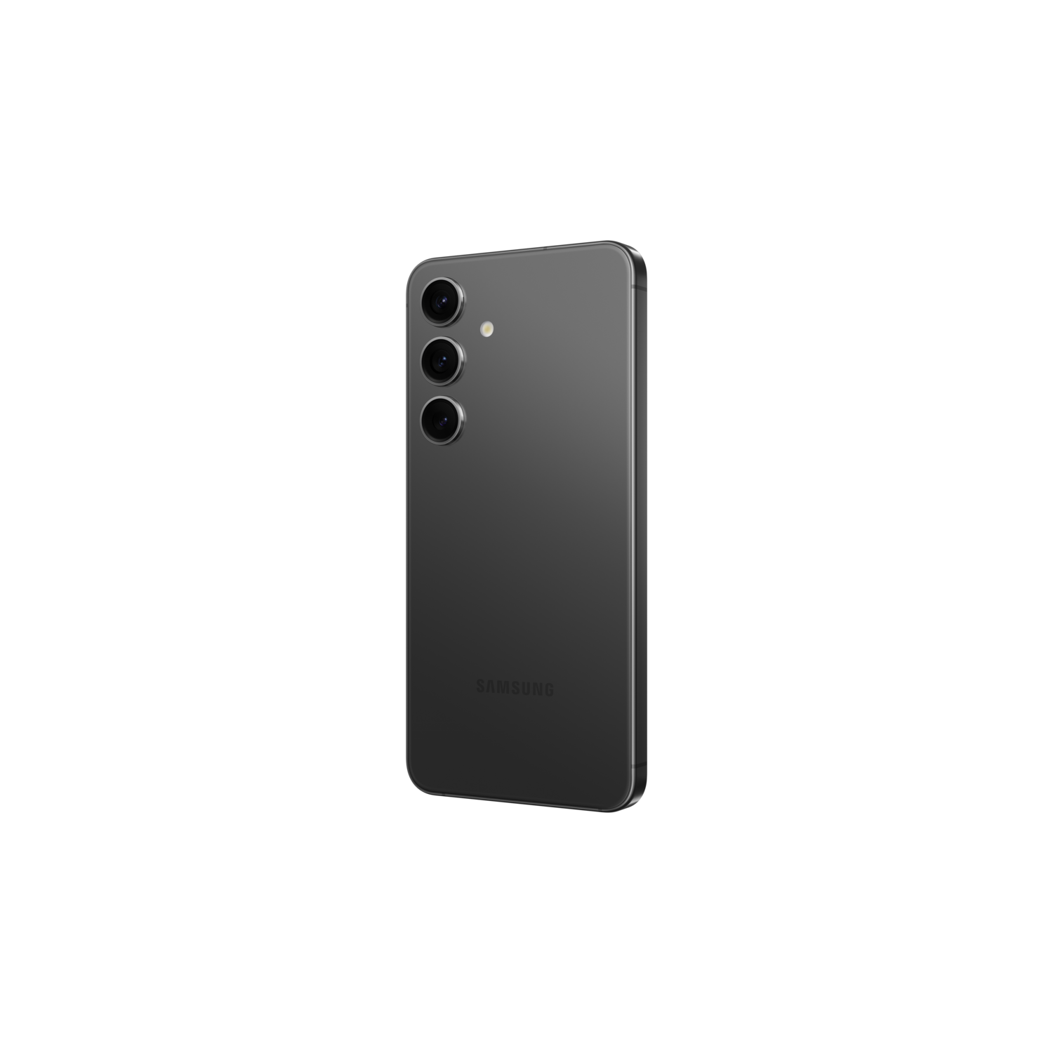 Back of a gray smartphone with three rear cameras, on a black background.