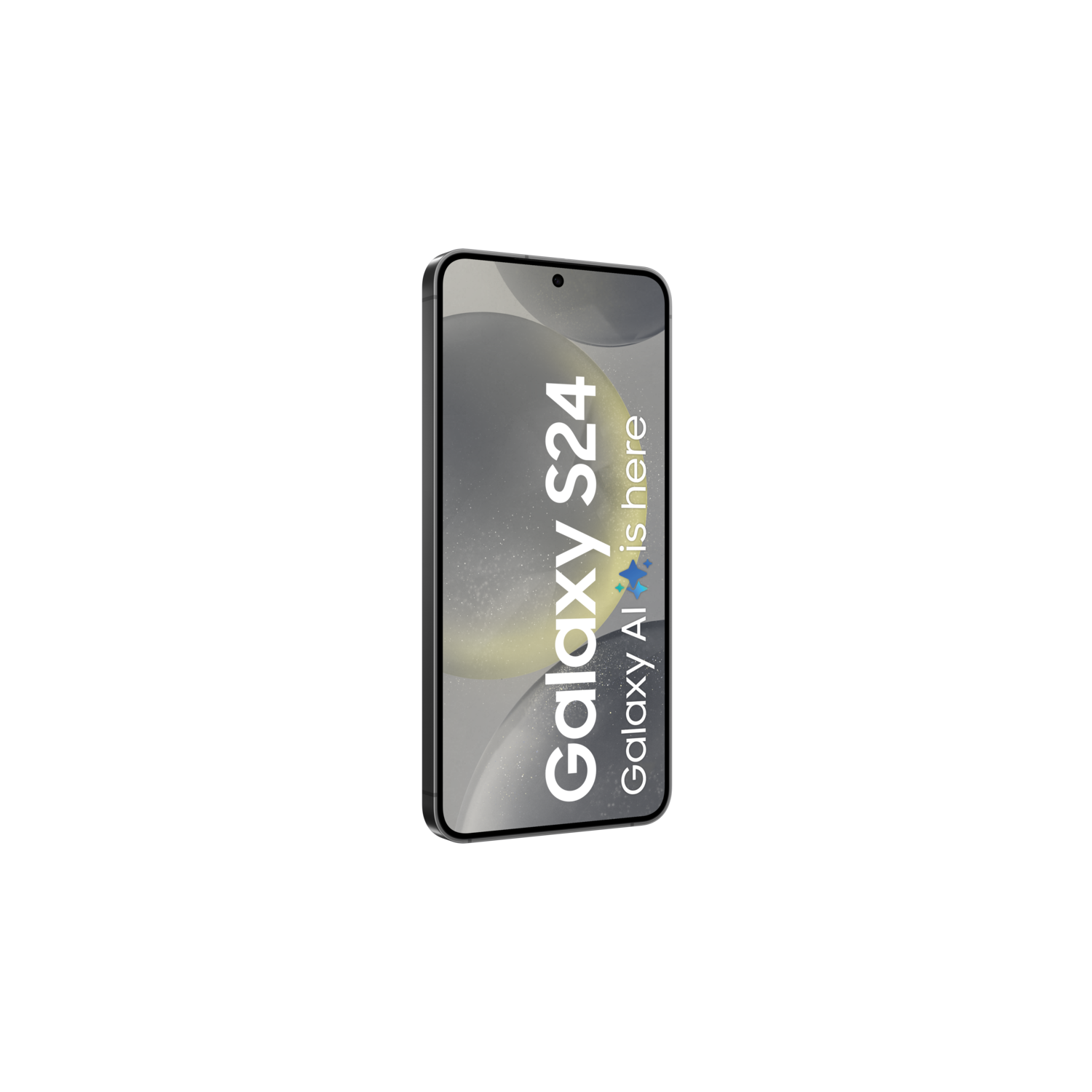 Black smartphone with text Galaxy S24, Galaxy AI is here.