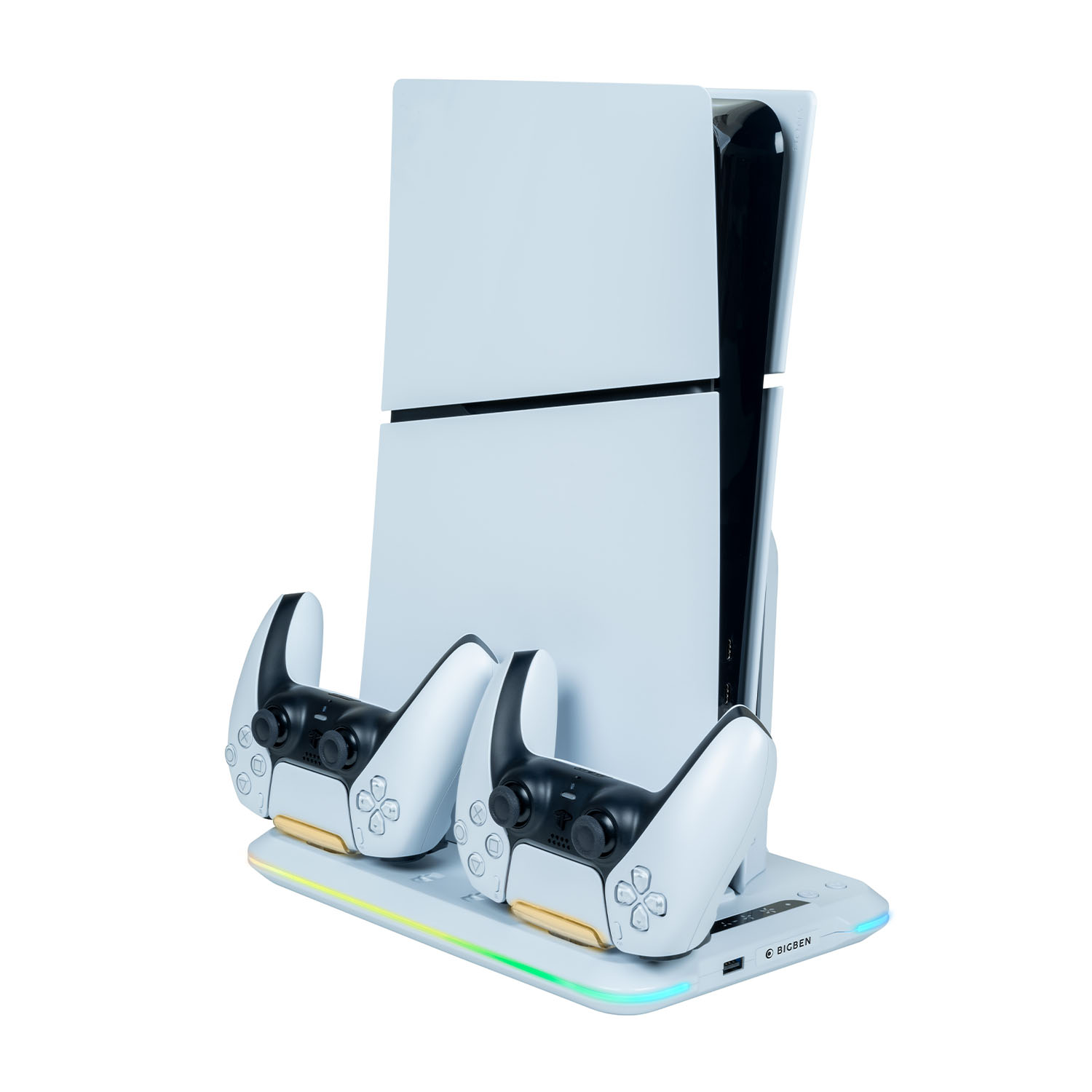 Una console PS5 con 2 controller su un supporto.