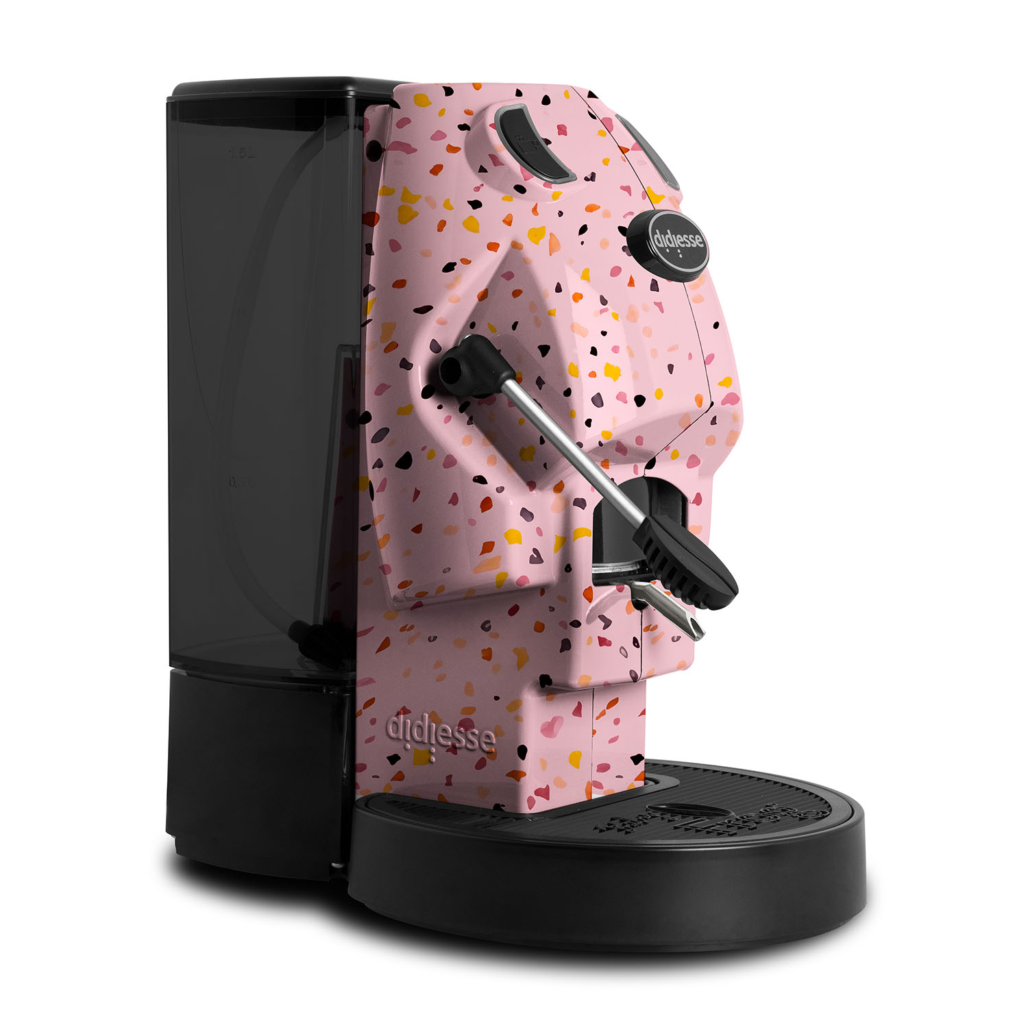 Macchina per espresso rosa con motivo terrazzo.