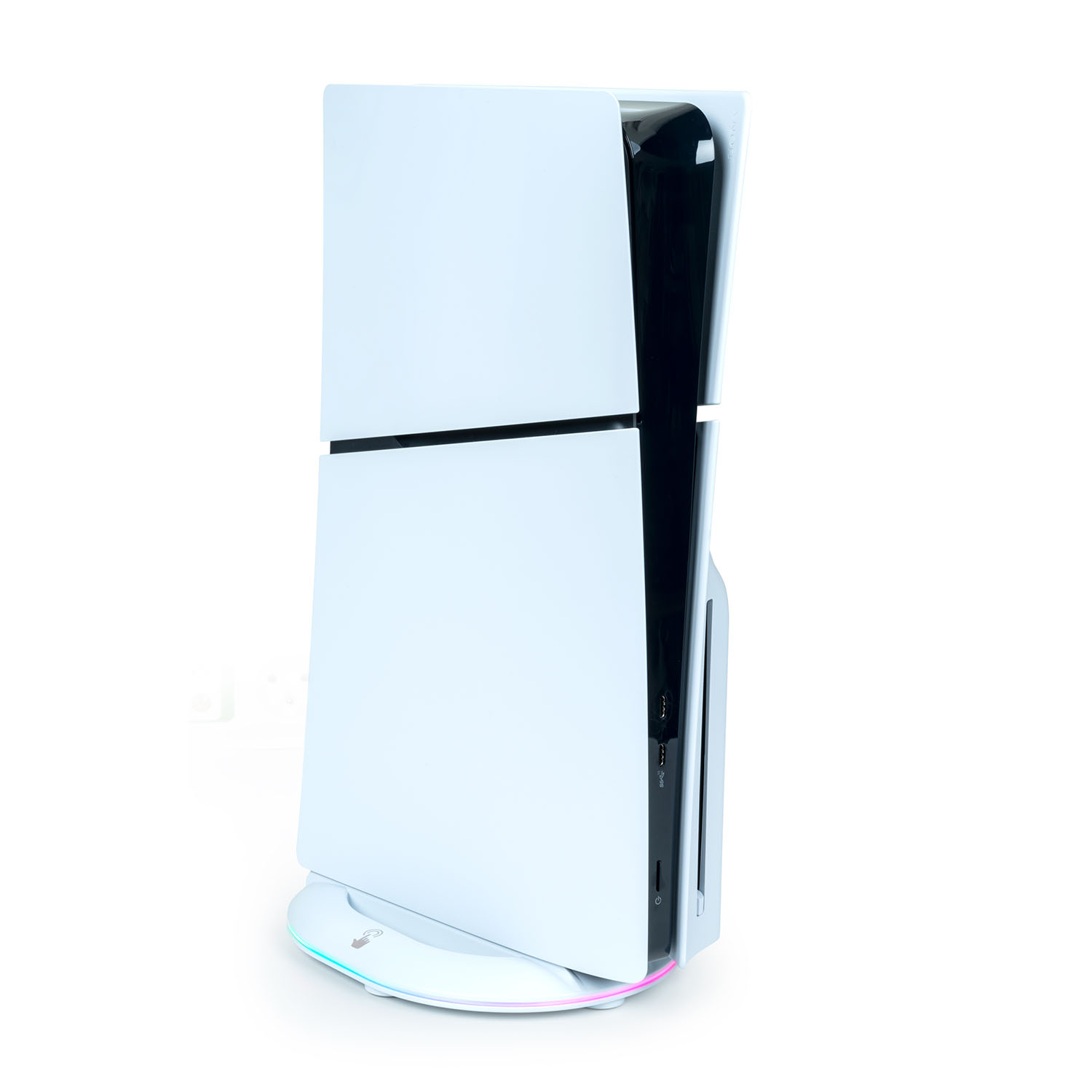 Console PS5 bianca su sfondo bianco. Ha un design curvo.