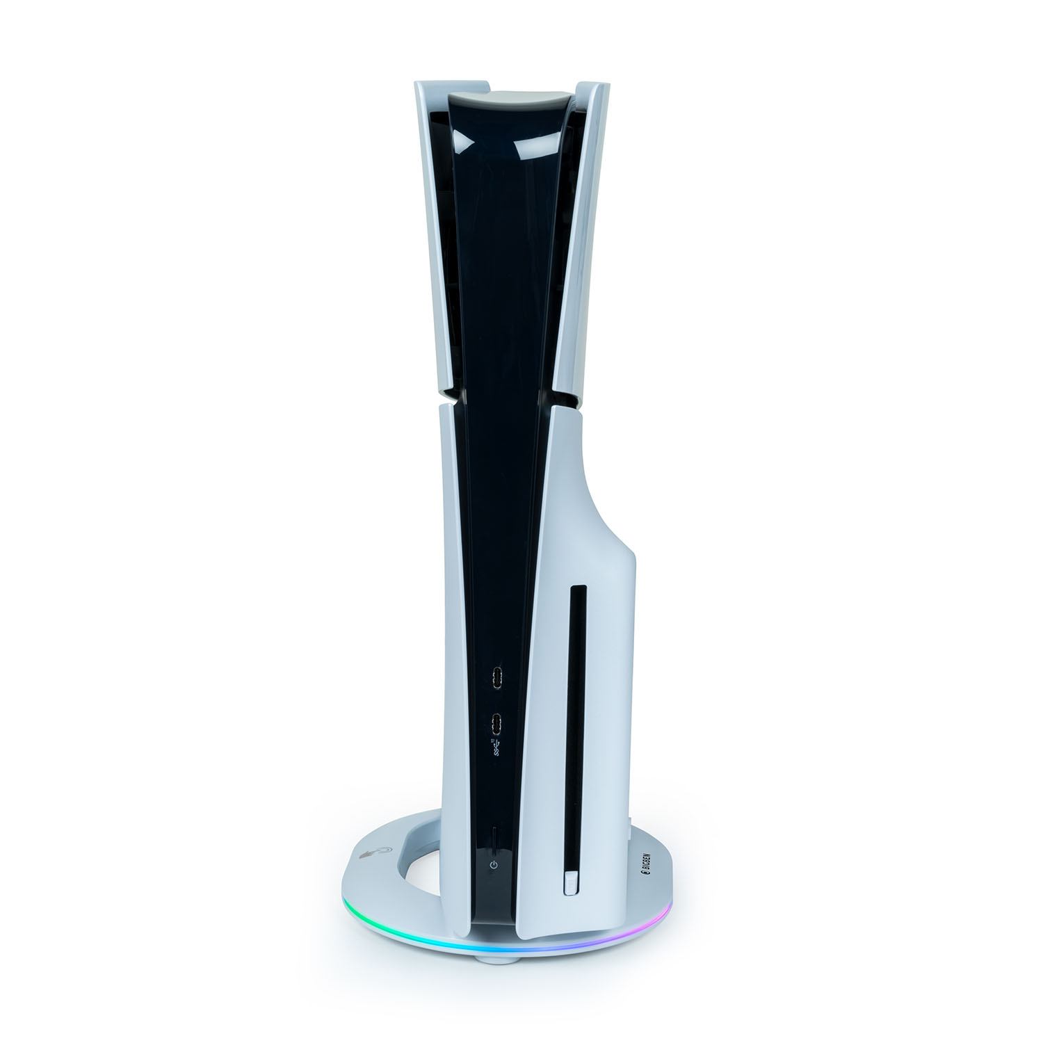 Console PS5 bianca su supporto, frontalino nero, sfondo bianco.