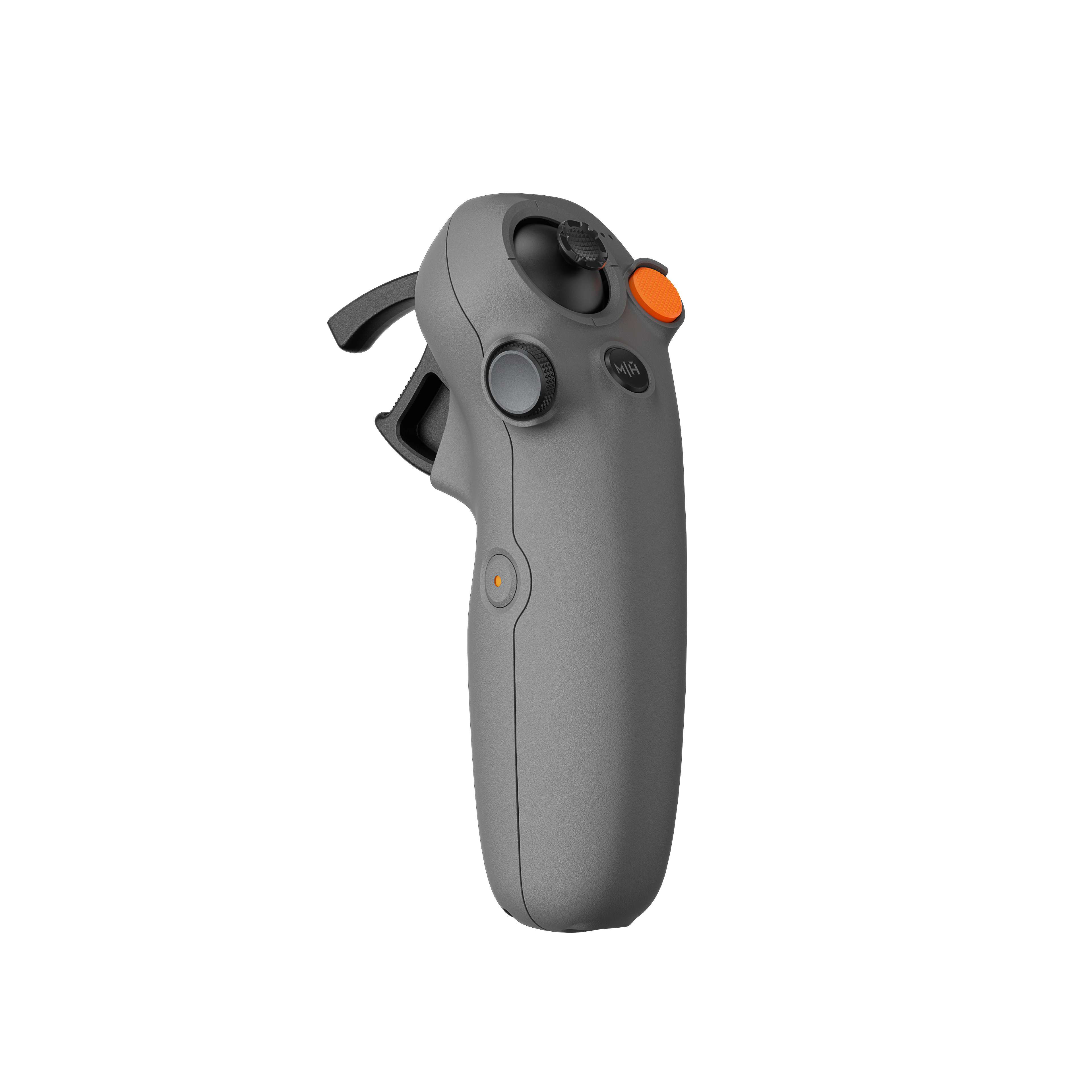 Grauer Gamecontroller mit Knöpfen, Joystick und Auslöser, orangefarbener Knopf, auf weißem Hintergrund.